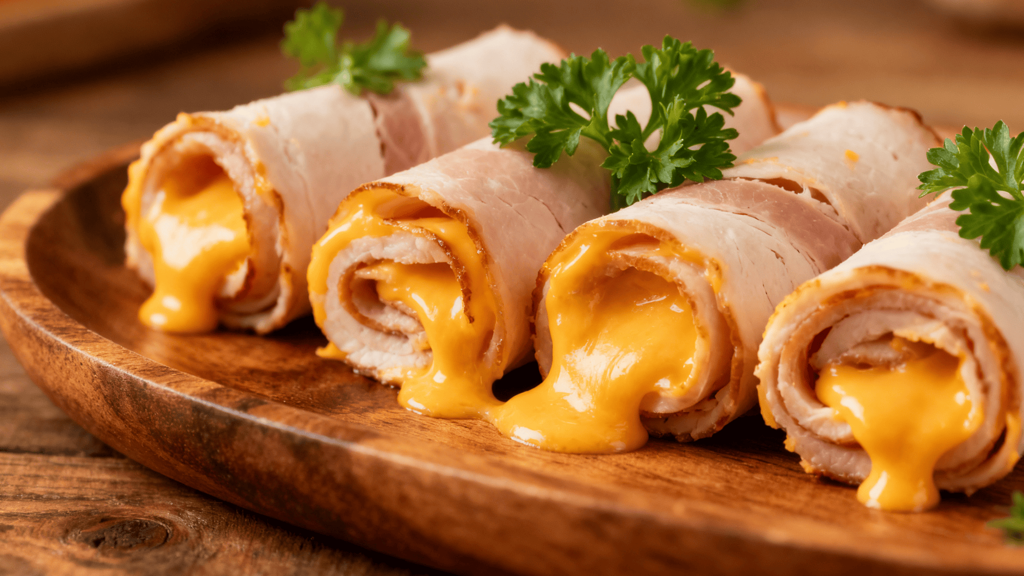 neatly arranged turkey and cheese roll ups, sunlit breakfast table, sliced tomatoes nearby
