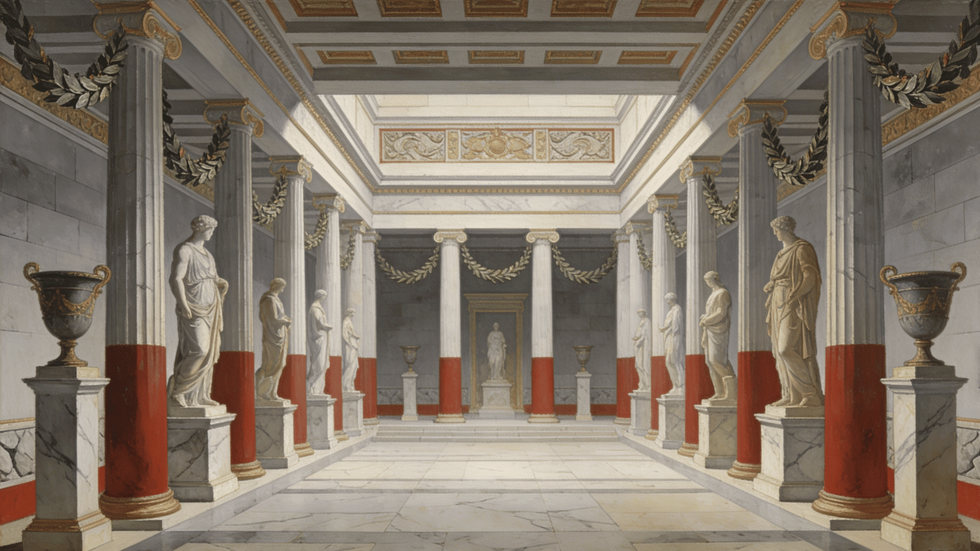 neoclassical style grand marble hall with statues columns laurel wreaths and ornate ceiling symmetrical corridor detail