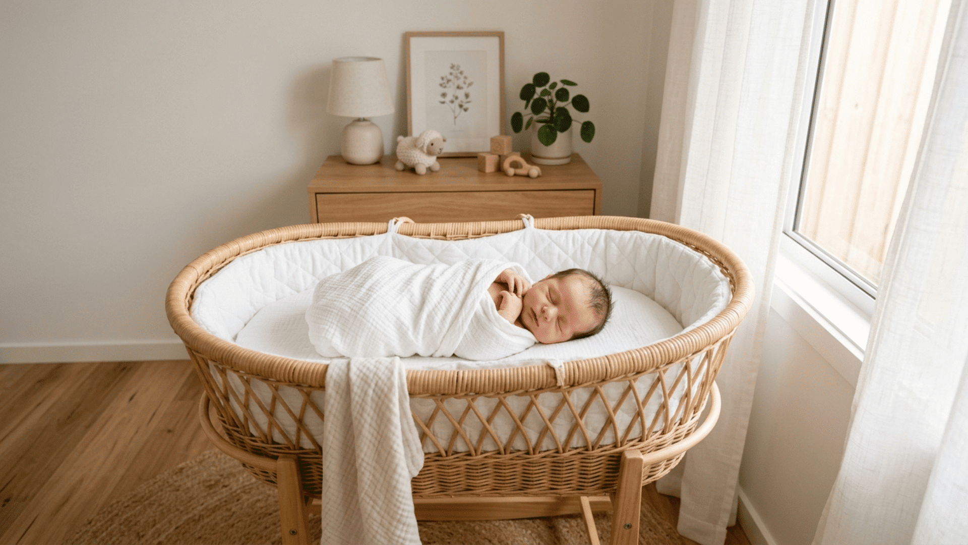 newborn baby wrapped in a blanket resting inside a bassinet