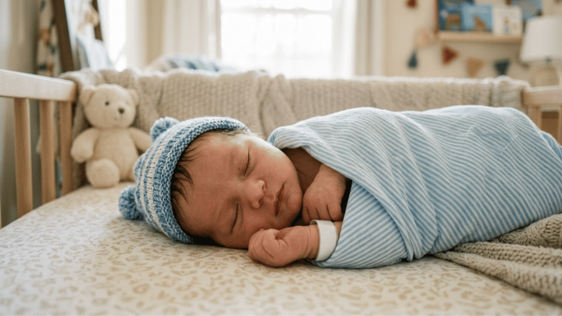 a new born baby boy sleeping on the couch with a teddy