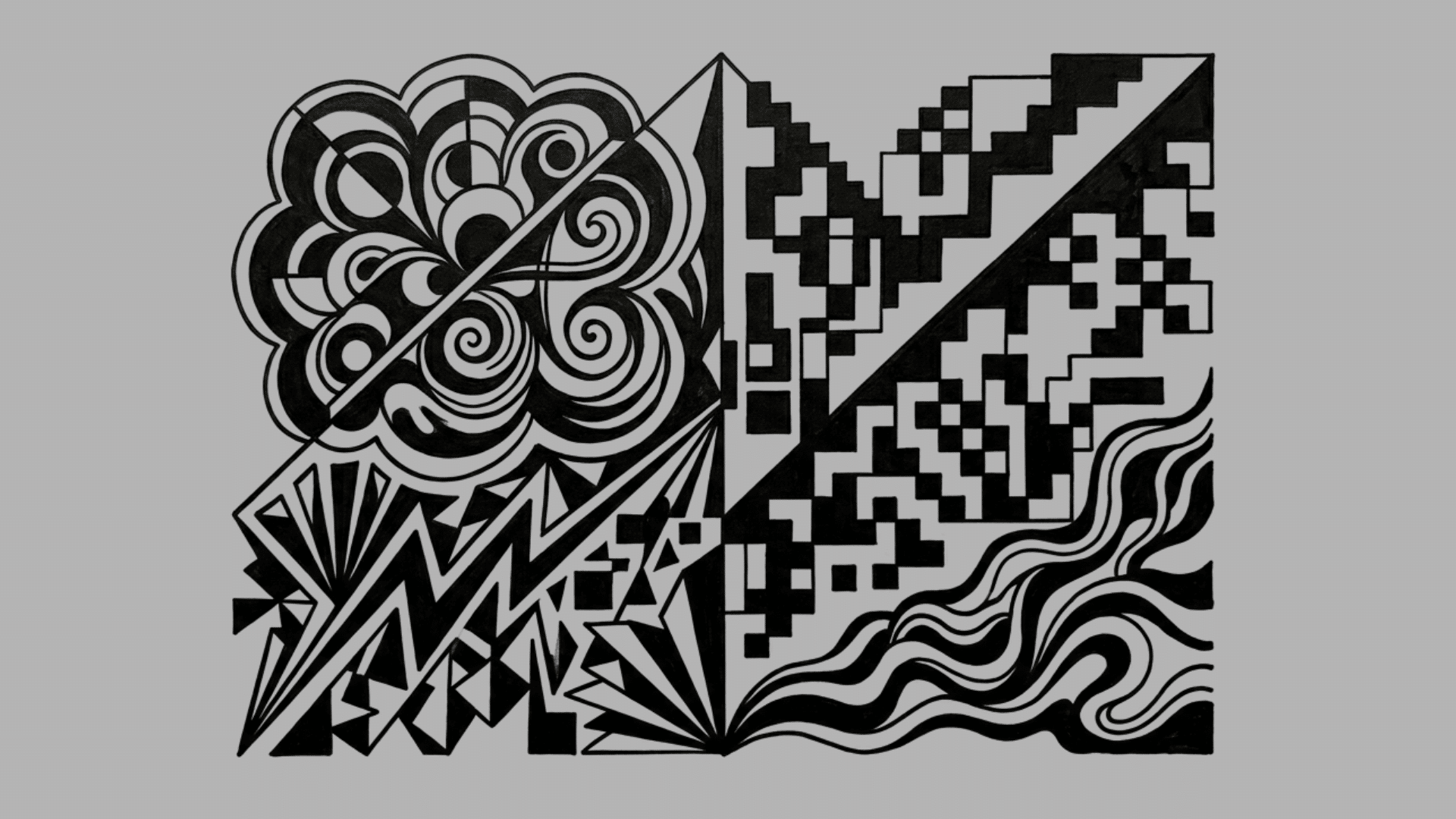 bold black and white geometric doodle art featuring abstract patterns swirls waves and pixel inspired shapes
