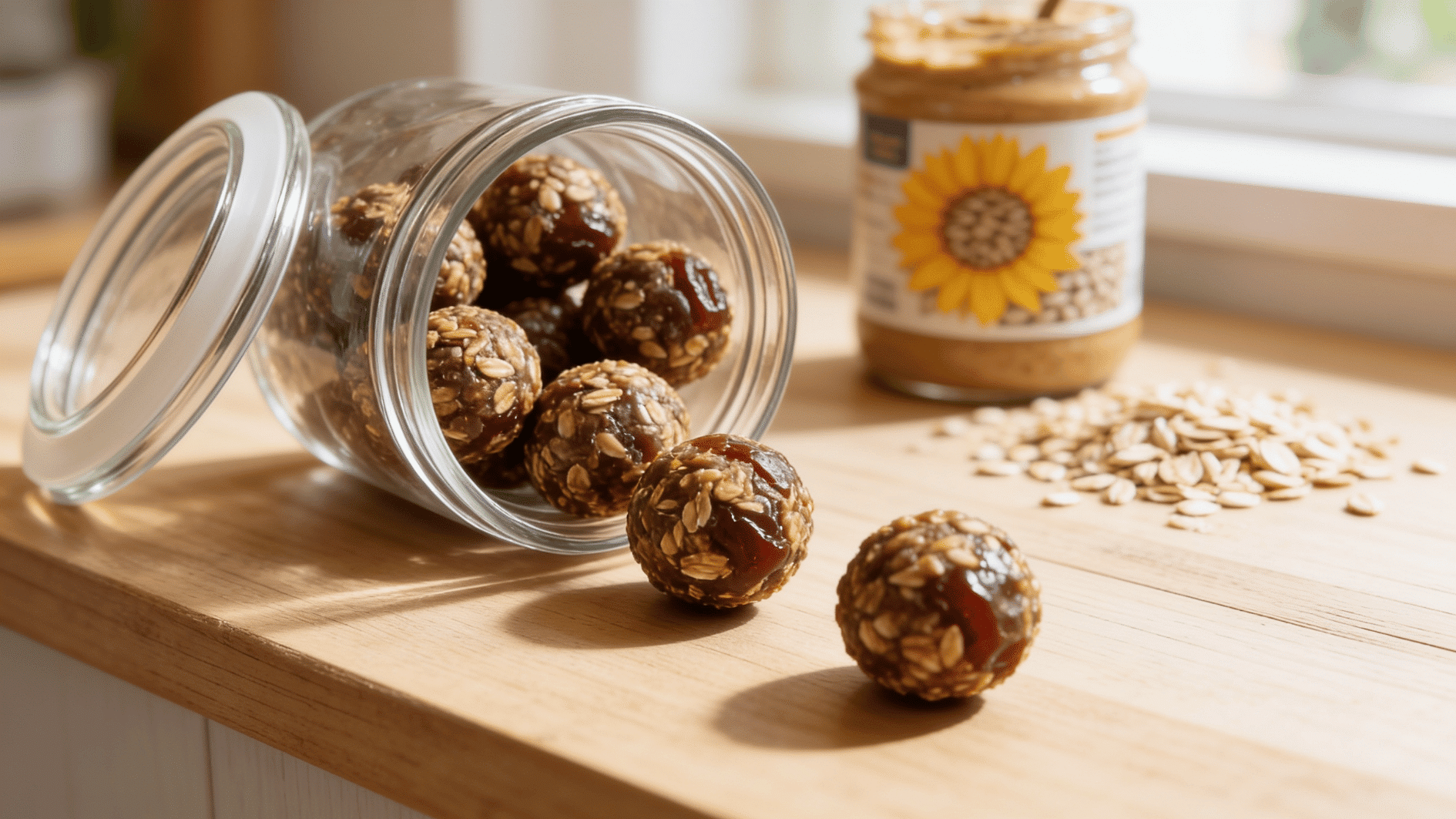 o-bake oat and date energy balls stored in a glass jar, a nut-free toddler snack for the week