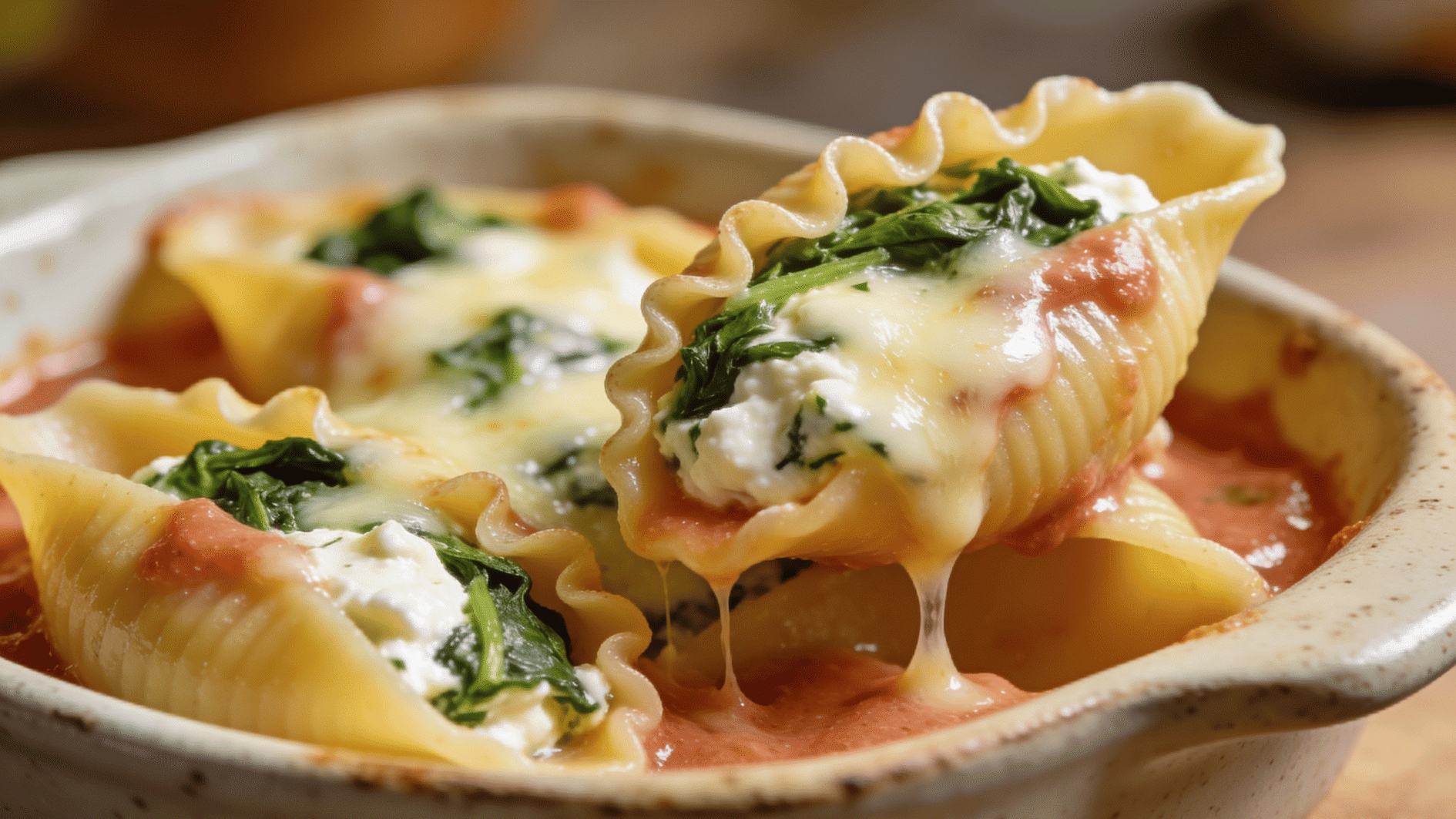 oft pasta shells filled with ricotta and spinach topped with melted cheese and sauce