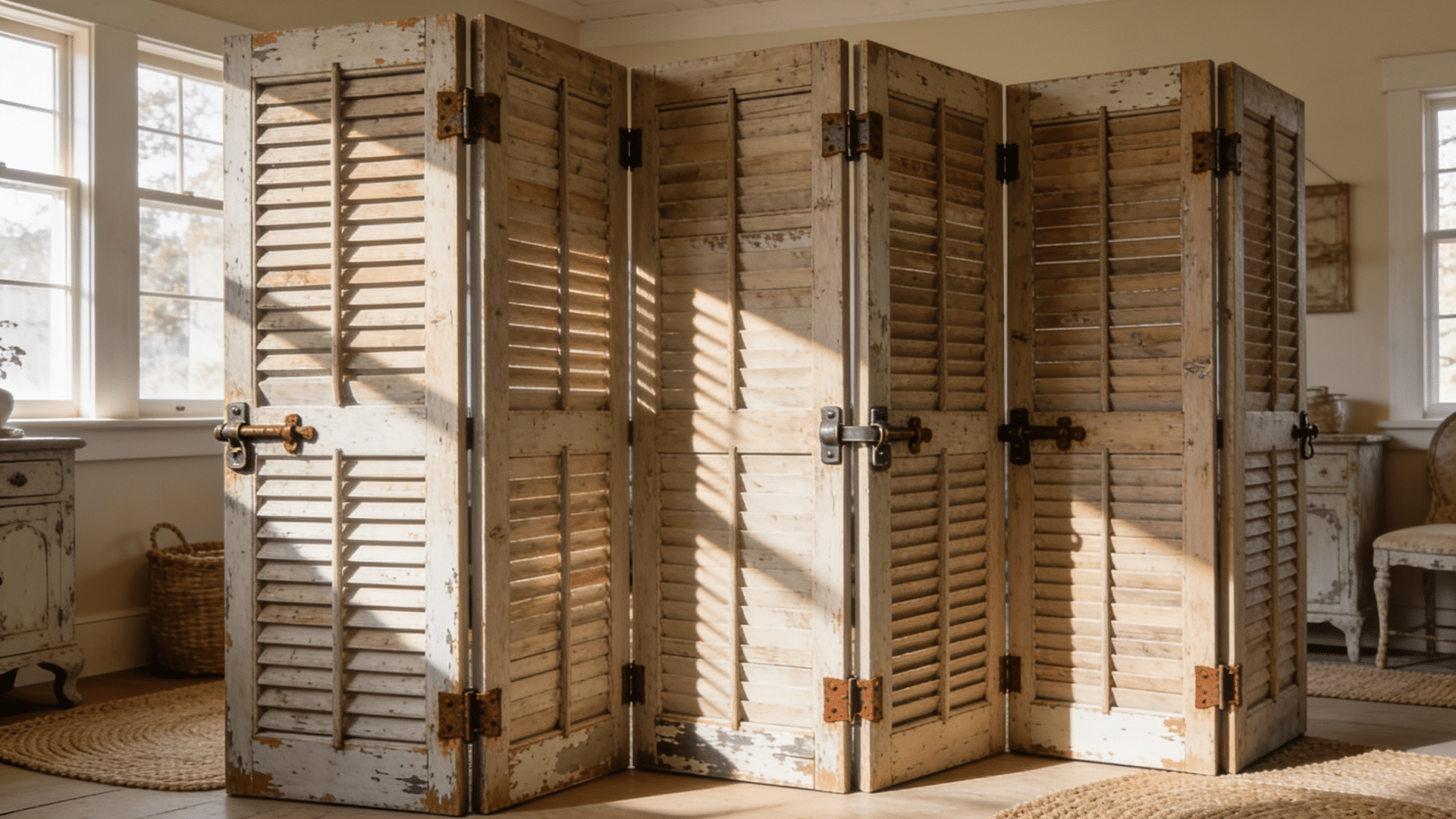 `old wooden shutters joined together as a room divider`