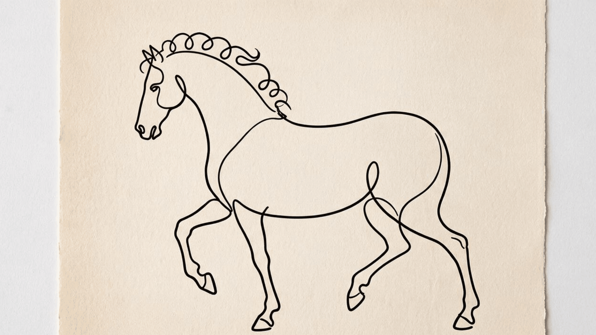 minimalist continuous black line drawing of a trotting horse with a curly mane on beige textured paper