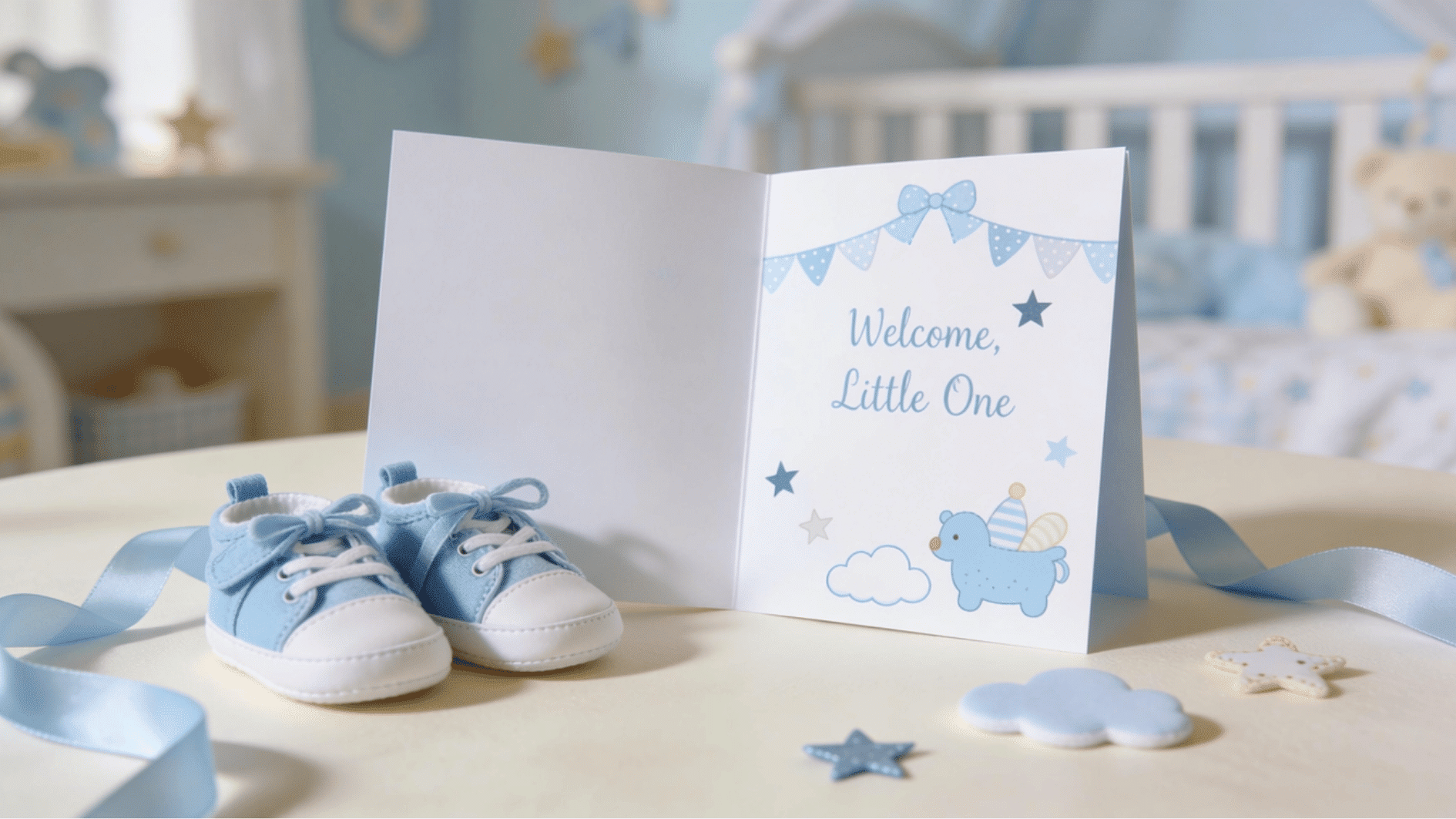 open blue card reading welcome little one, beside baby sneakers, stars, and nursery decorations (1)