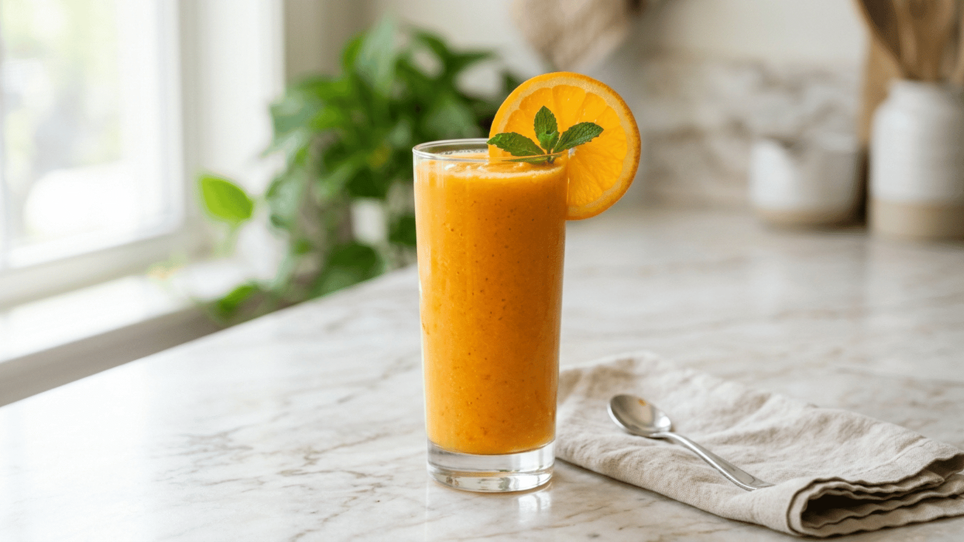 orange carrot smoothie in a glass topped with orange slice