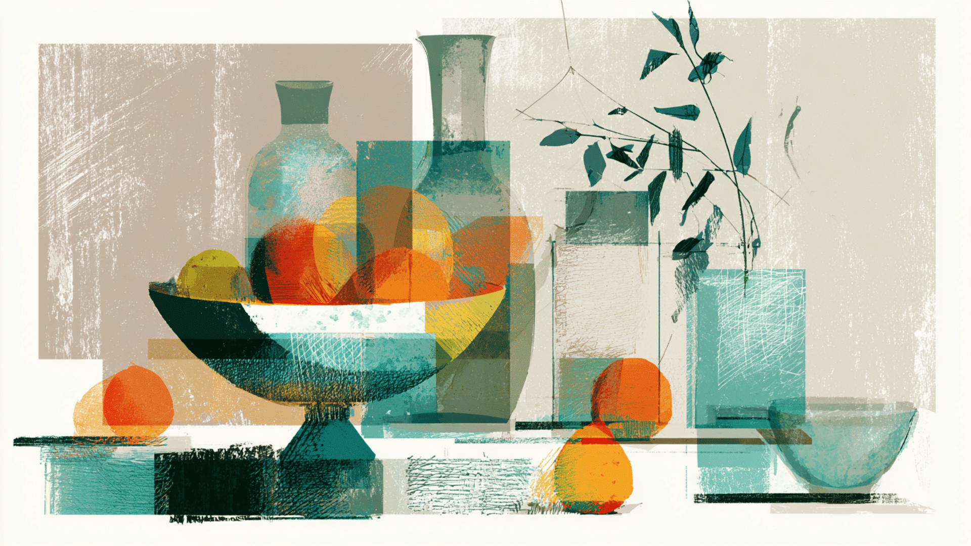 overlapping objects still life illustration, mixed media style, fruit bowl placed in front partially covering a vase, objects stacked in front back arrangement