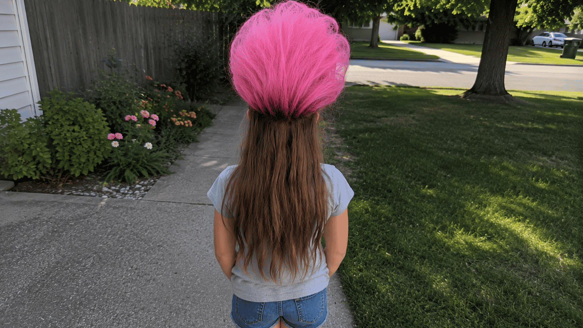 oversized bubblegum pink teased poof over long brown hair on sidewalk