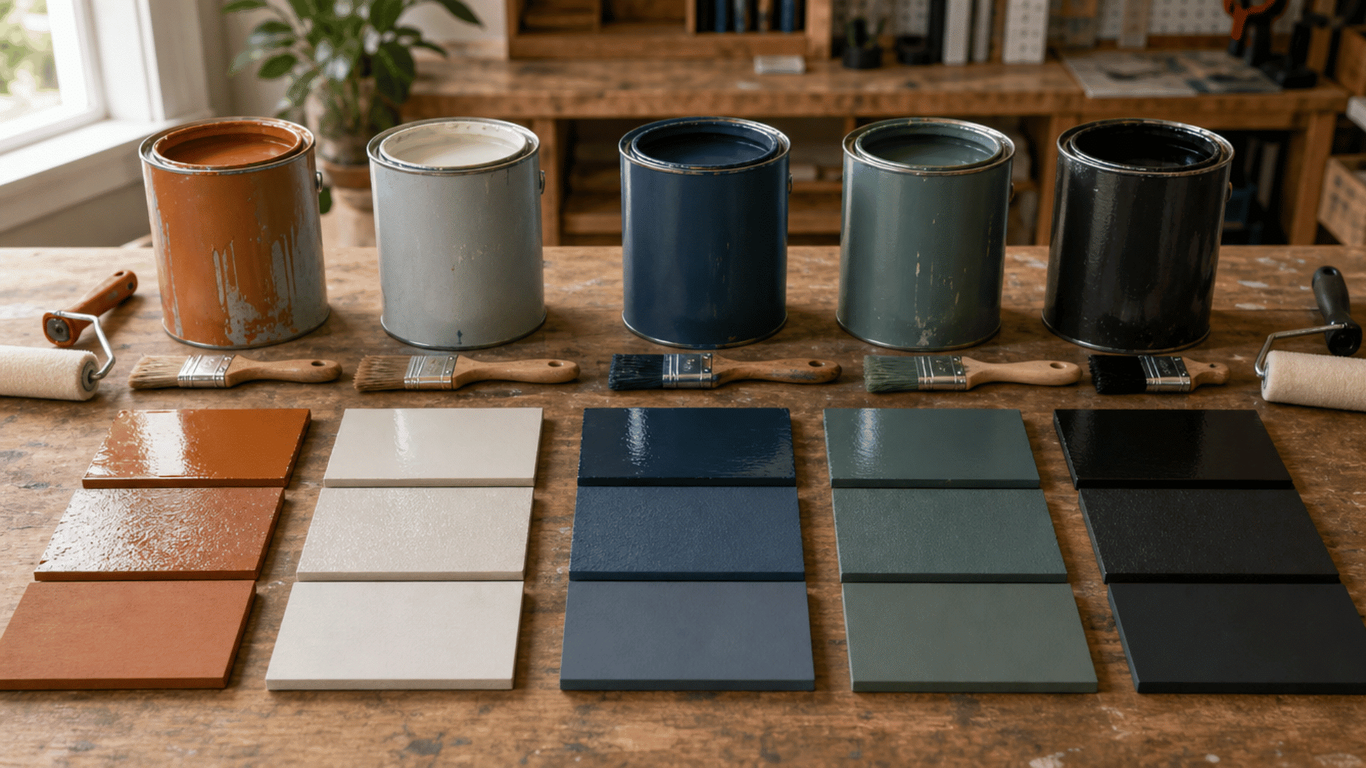 paint cans and sample boards showing different paint finishes and drying stages on a diy workshop table setup