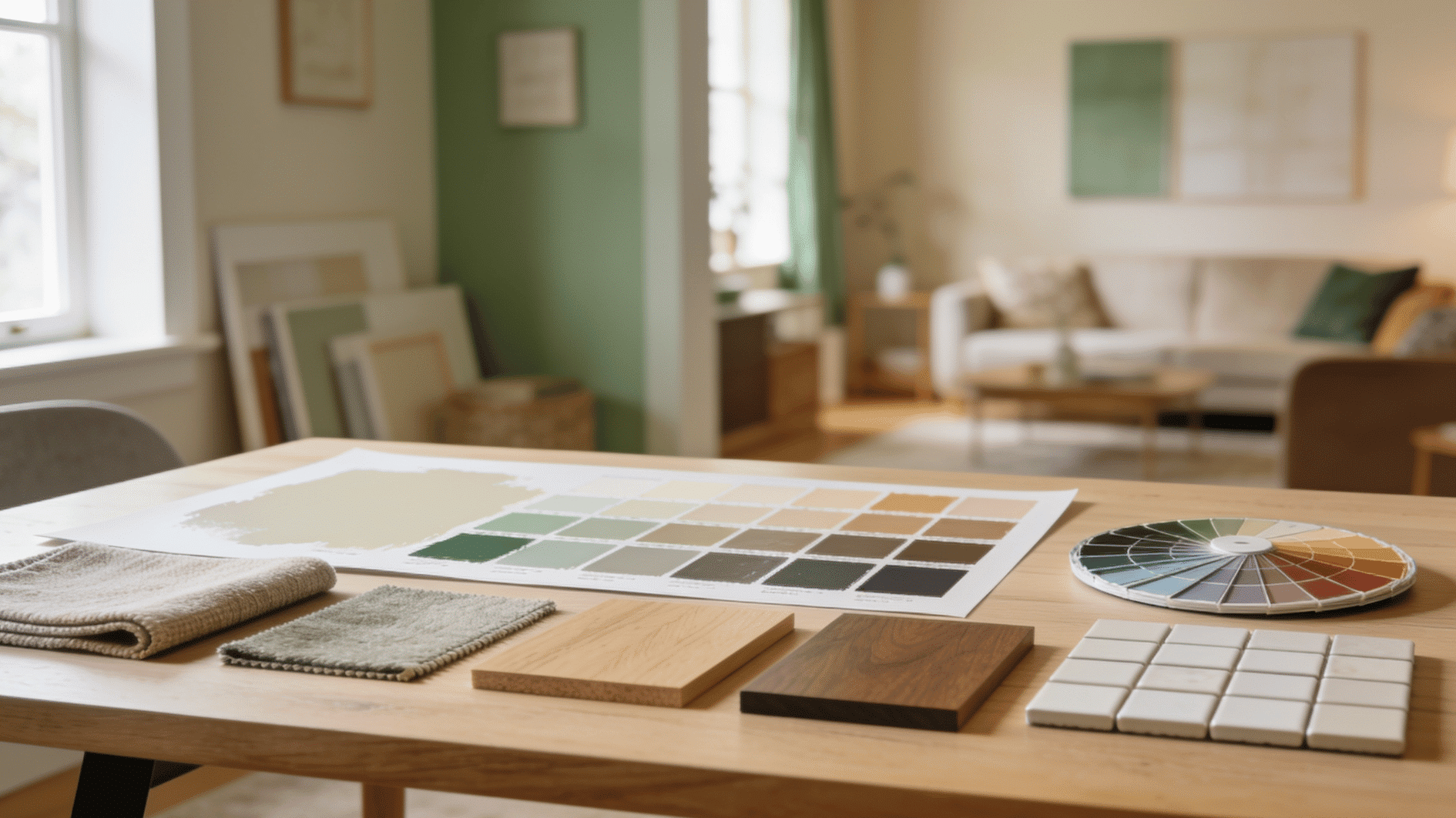 paint swatches, fabric samples, wood finishes, and tiles create a coordinated neutral and green color scheme