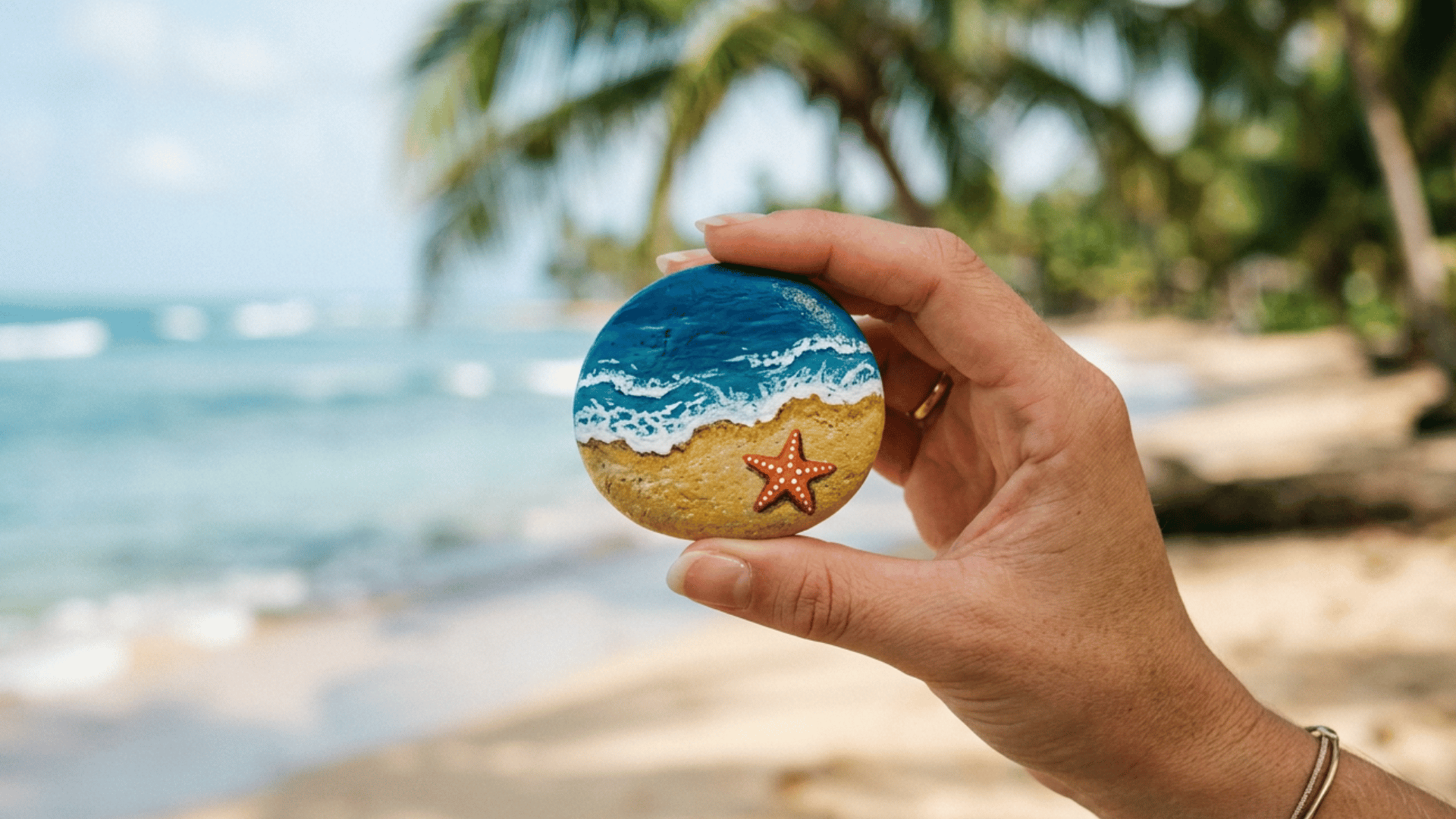 hand holding a painted stone depicting a beach scene with blue ocean waves, white foam, sandy shore and orange starfish against blurred tropical background