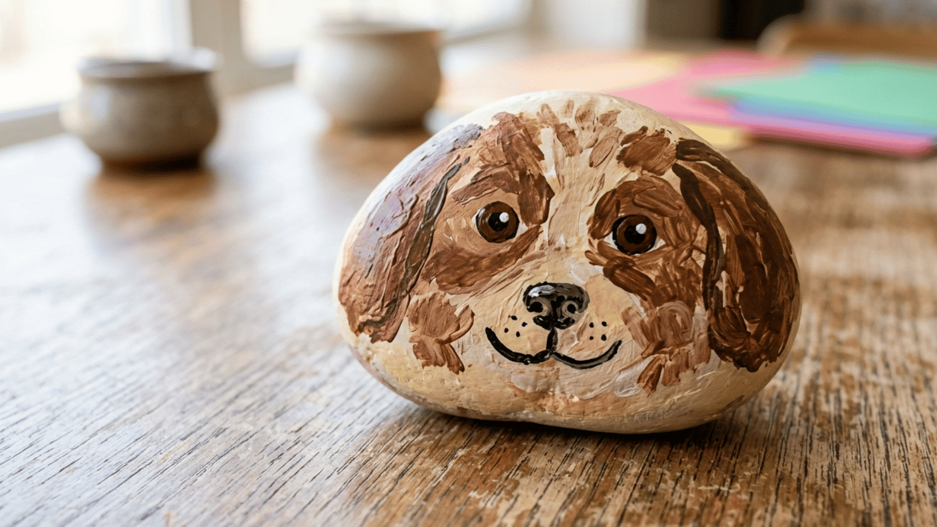 school age painted rock designed to look like a dog
