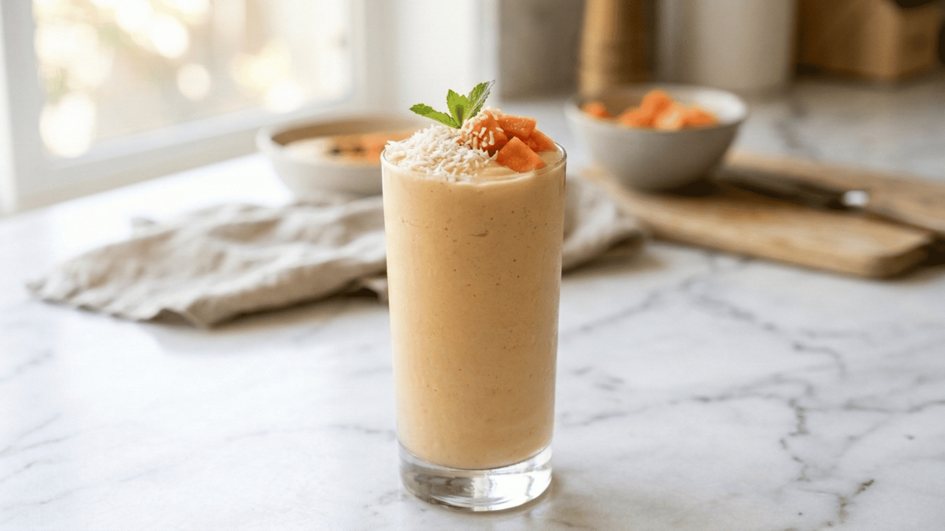 papaya coconut smoothie in a glass topped with shredded coconut