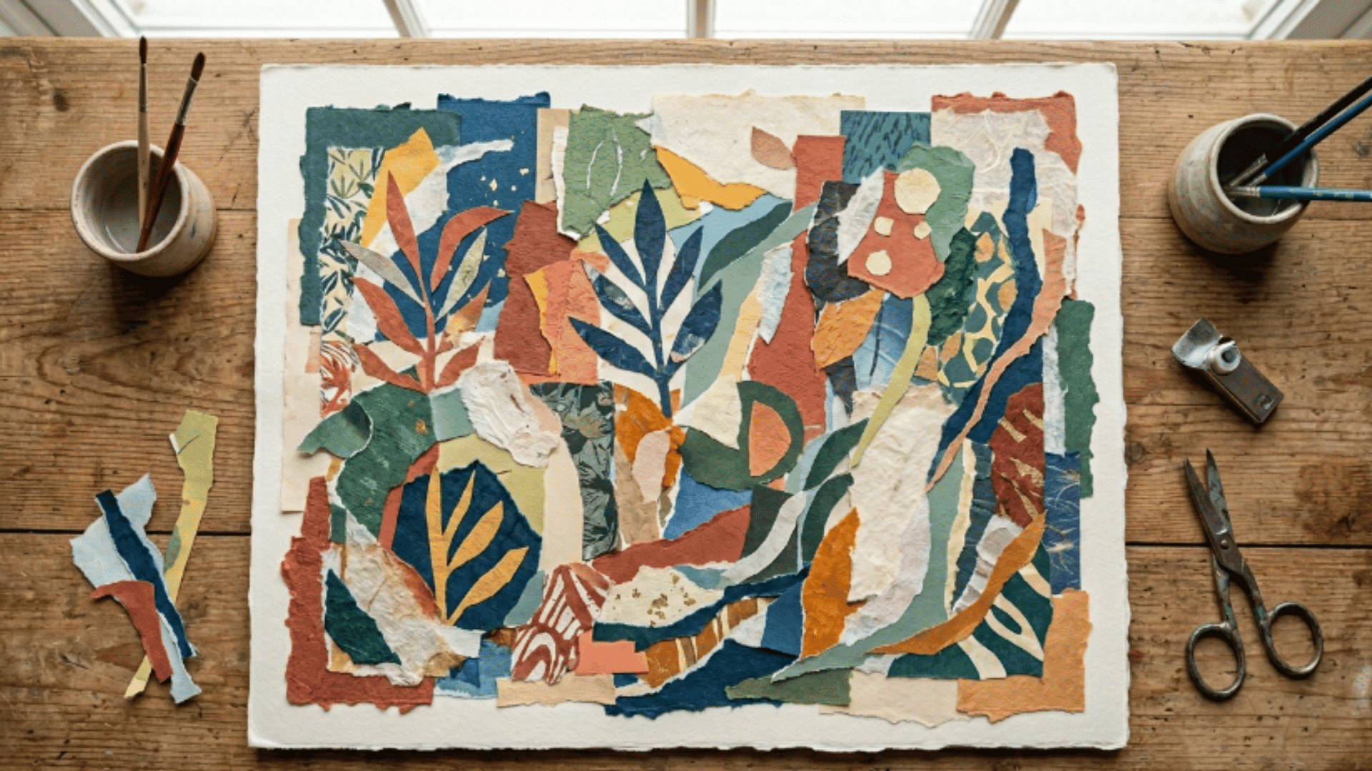 paper collage art board with layered torn paper pieces in different colors and textures on a surfaces
