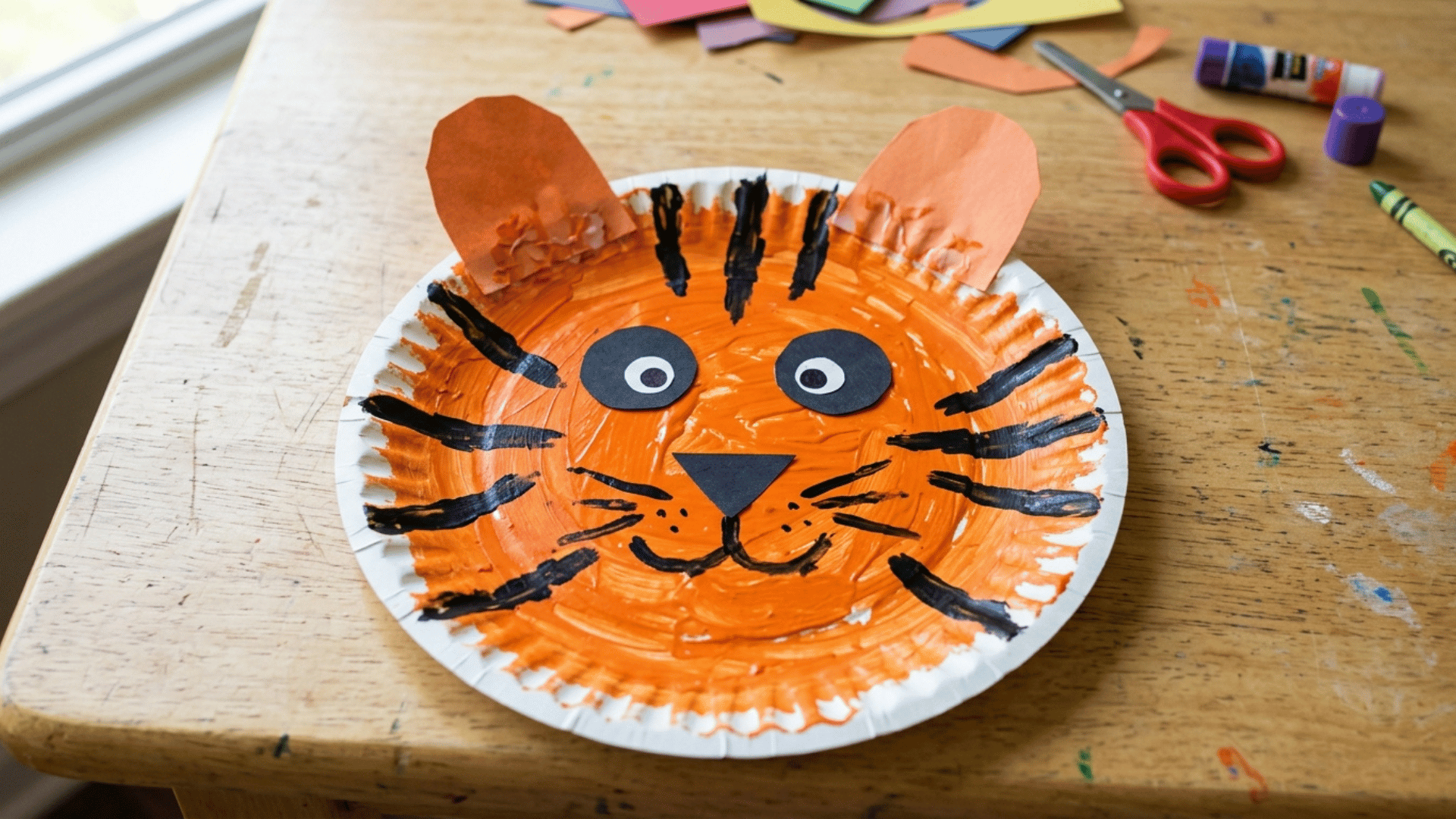 preschooler painted paper plate decorated as a tiger face