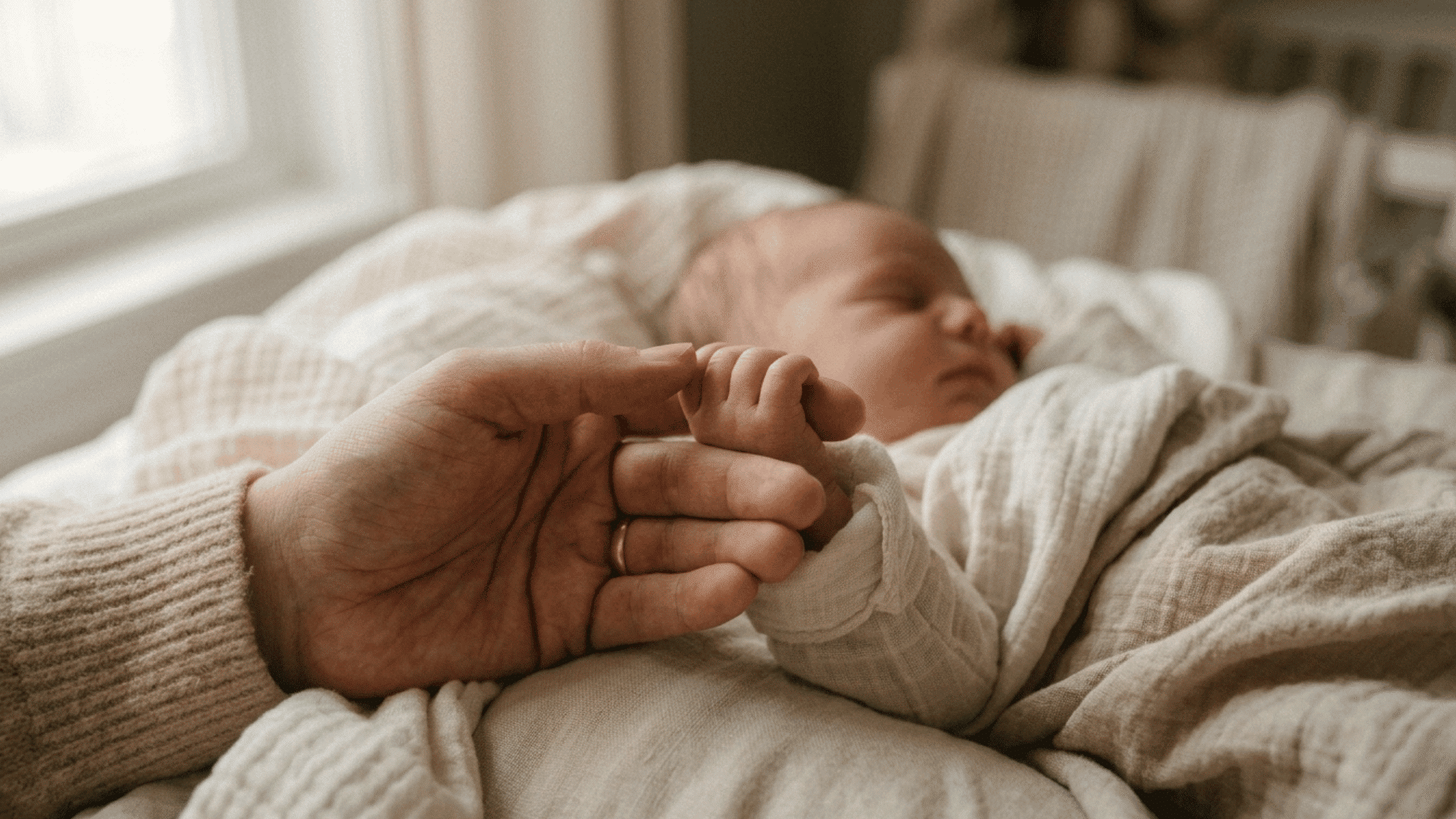 parent holding a newborn baby hand gently during a quiet bonding moment