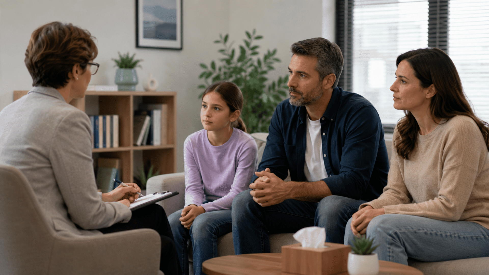 parents and child meet a mental health professional for family counseling in a calm safe modern office setting