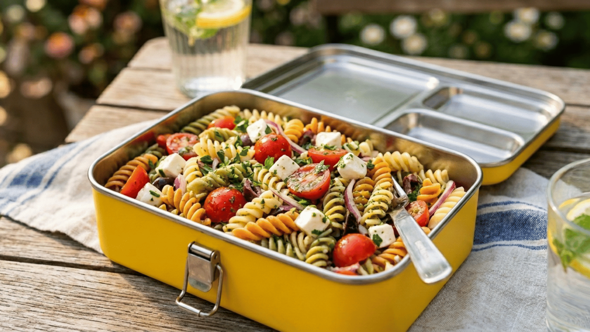 rotini pasta salad with mozzarella cubes in a sunny yellow steel lunchbox