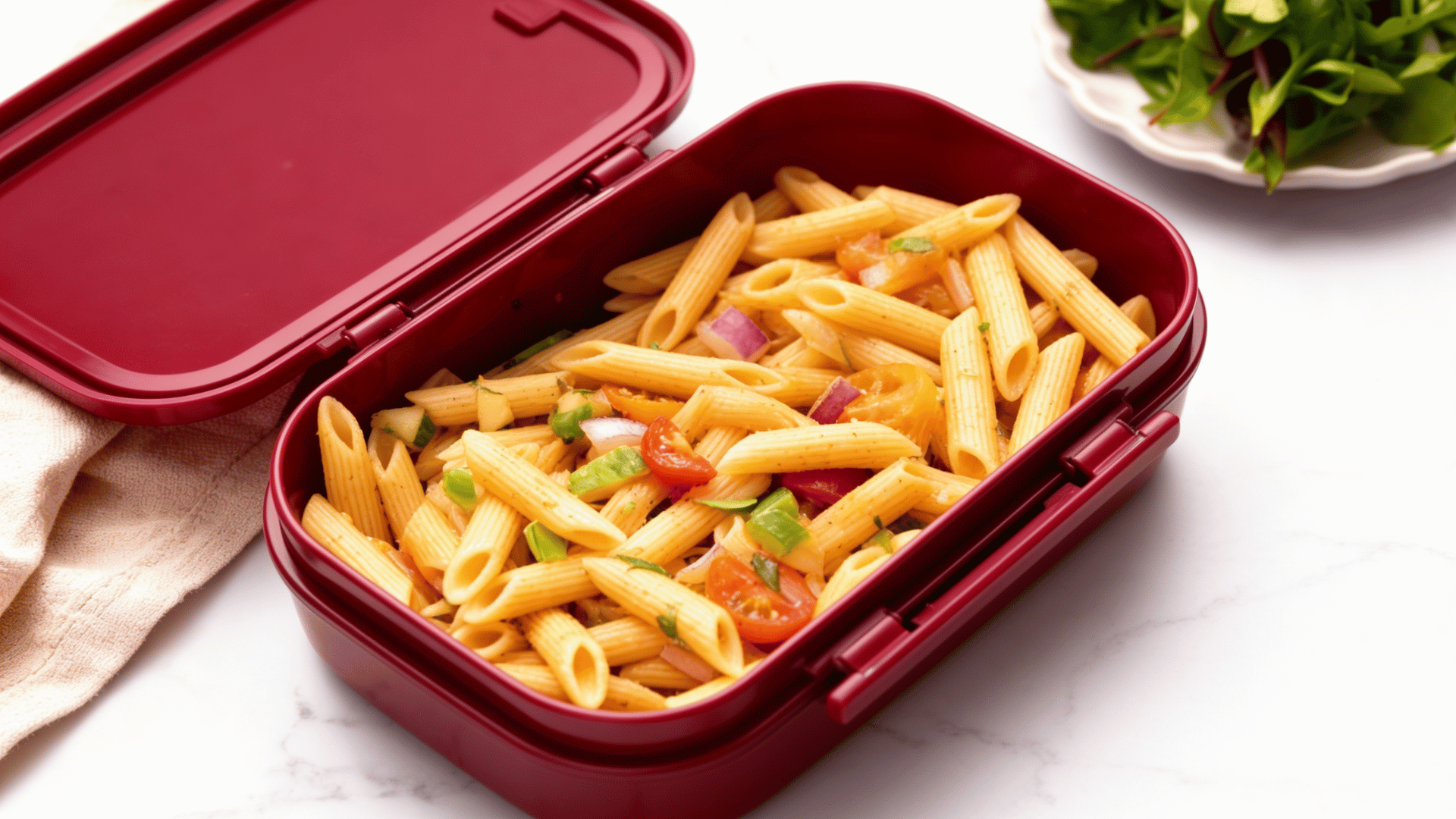 cold pasta salad cup with tomatoes packed in a burgundy lunchbox