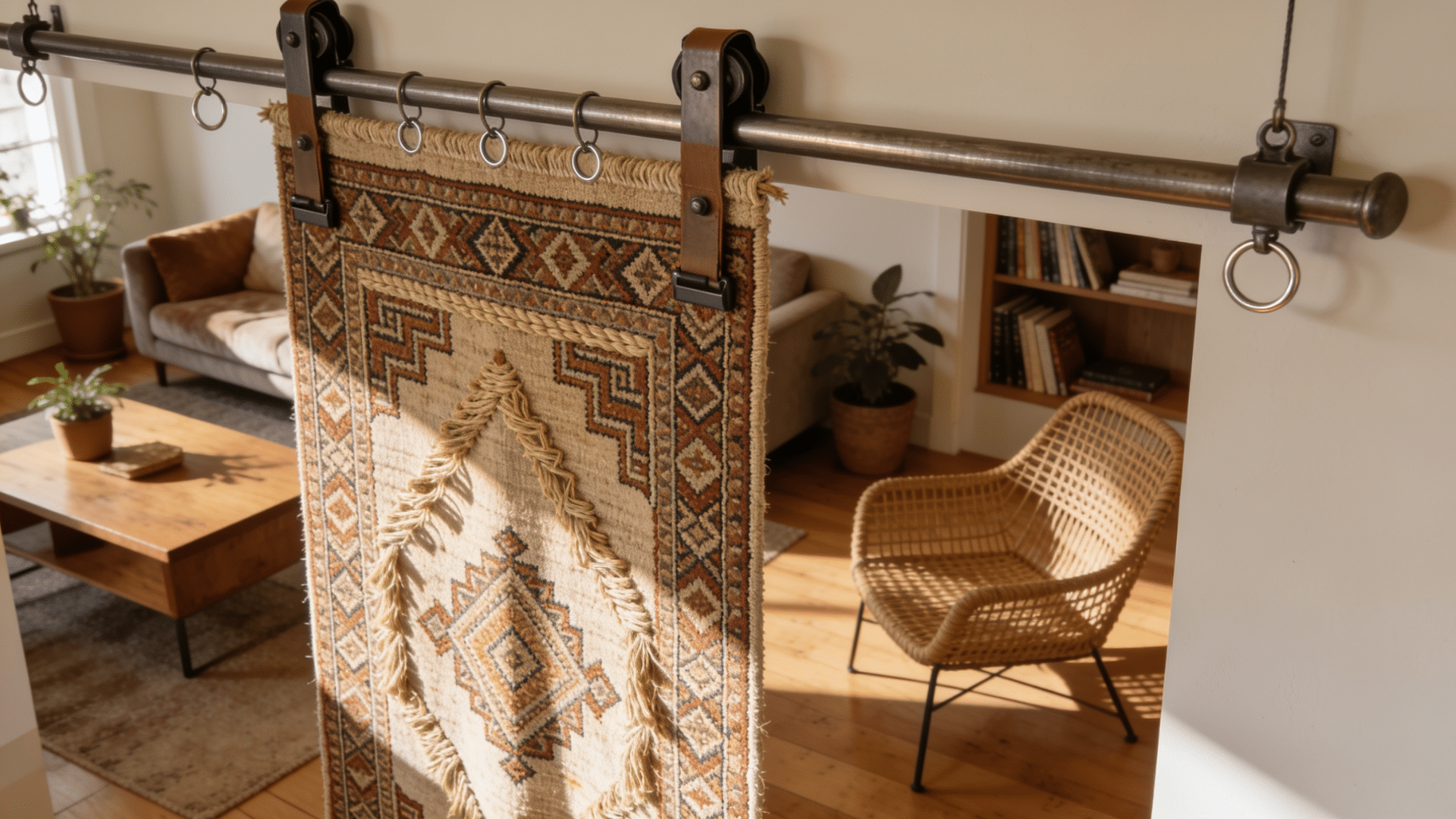 `patterned rug hung from a rod as a room divider`