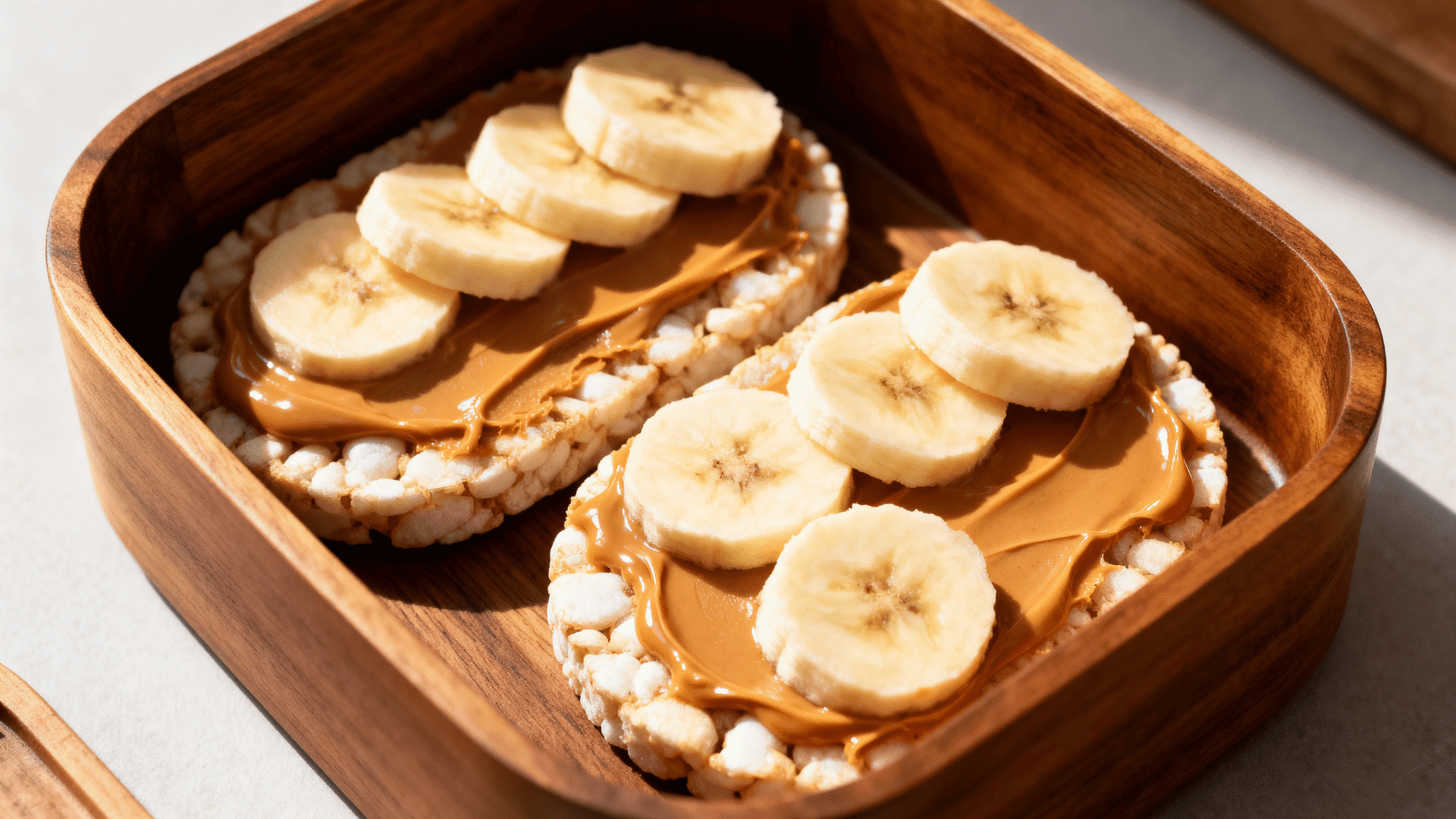 rice cakes with peanut butter and banana in a caramel-brown wooden lunchbox