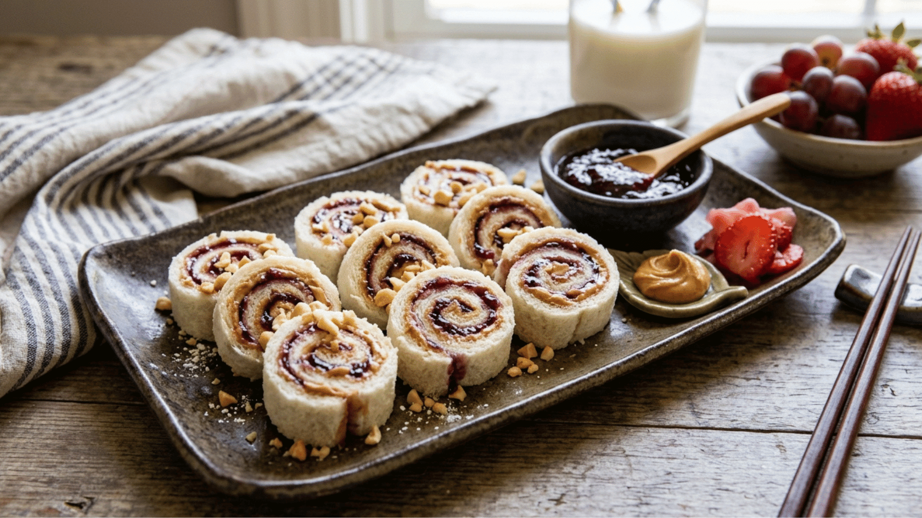 pb&j sushi-style roll-ups in a plate along with sauces