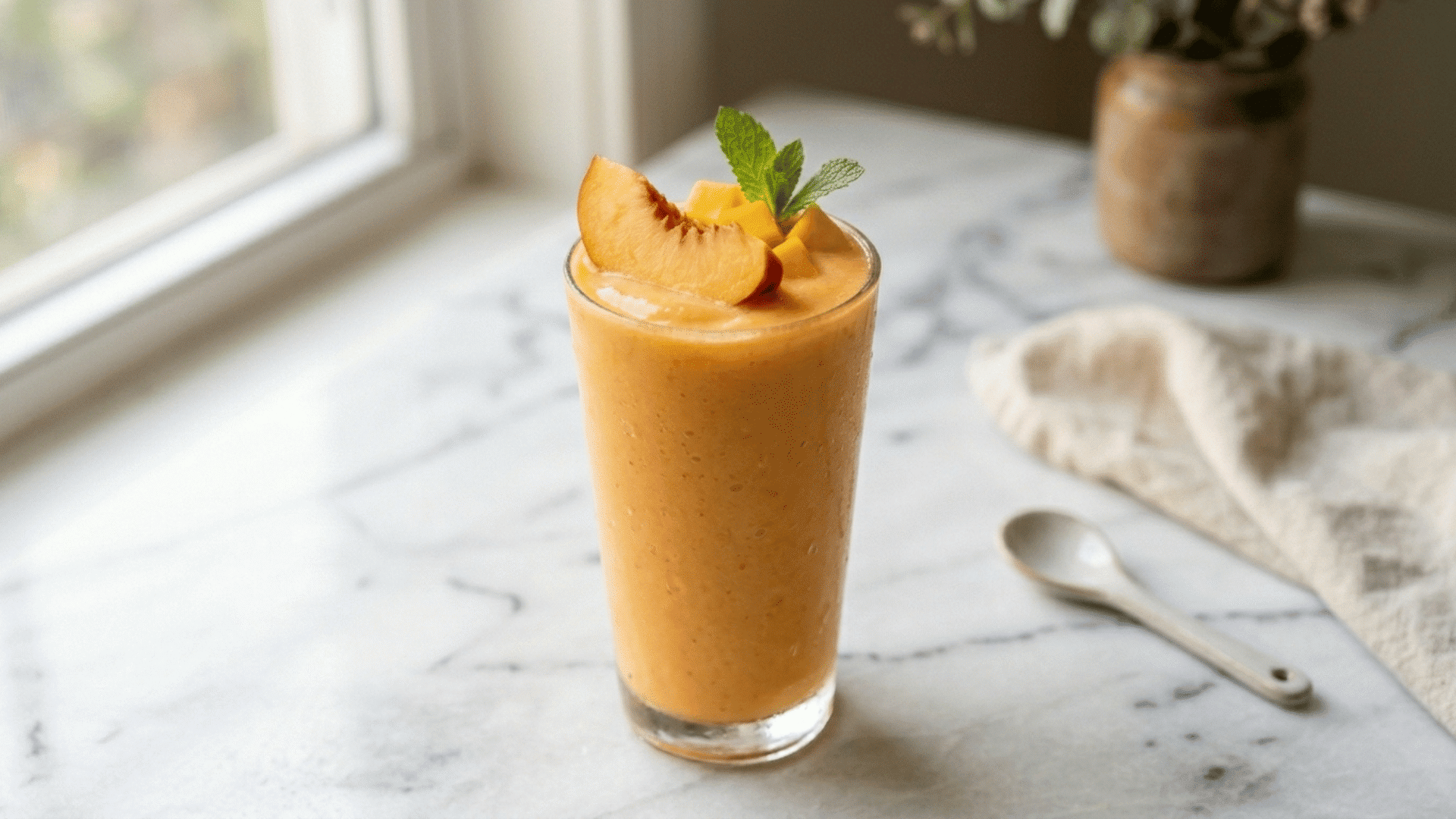 peach mango smoothie in a glass garnished with fresh peach slice