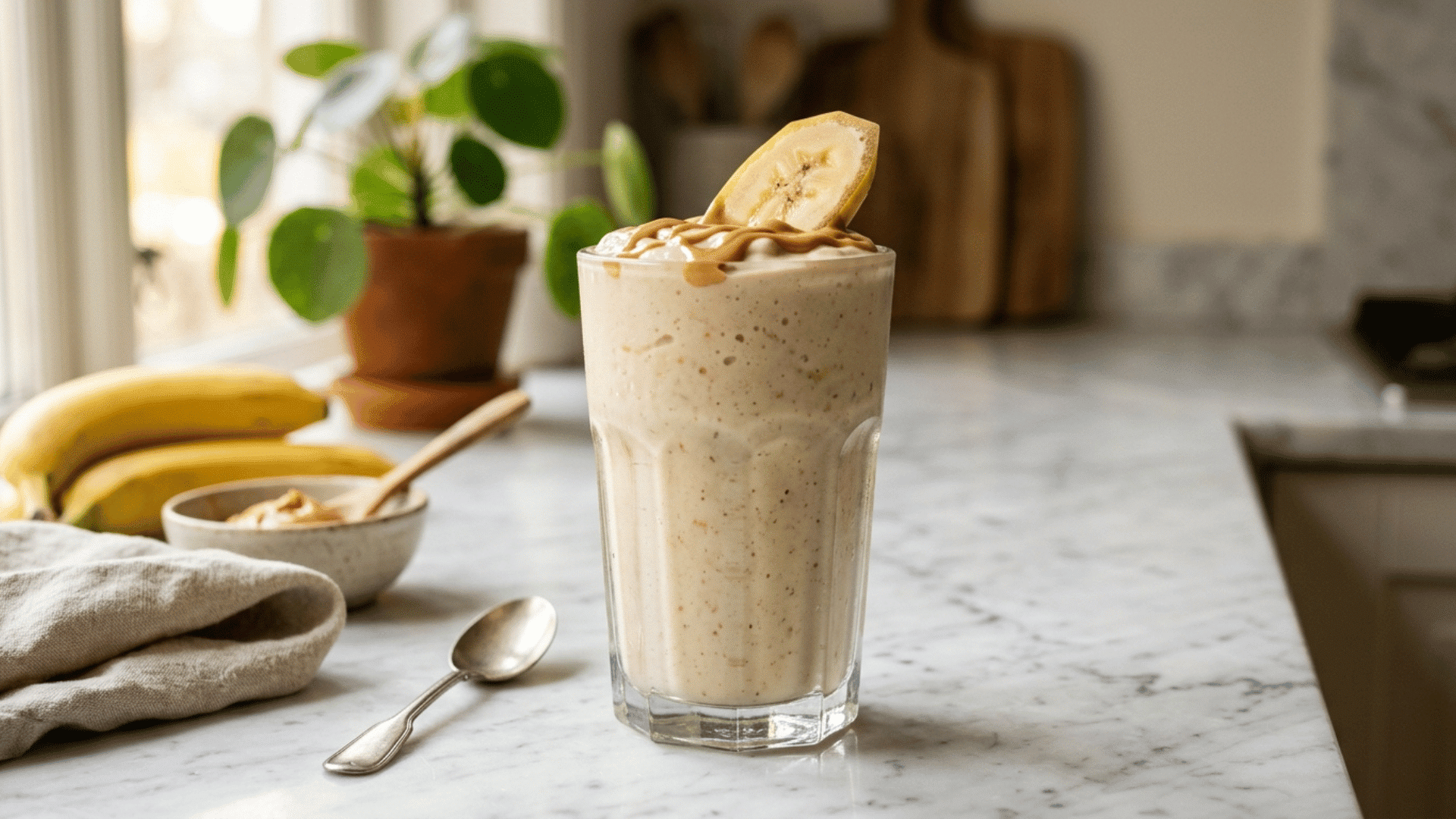 peanut butter banana smoothie in a glass with banana slice on top