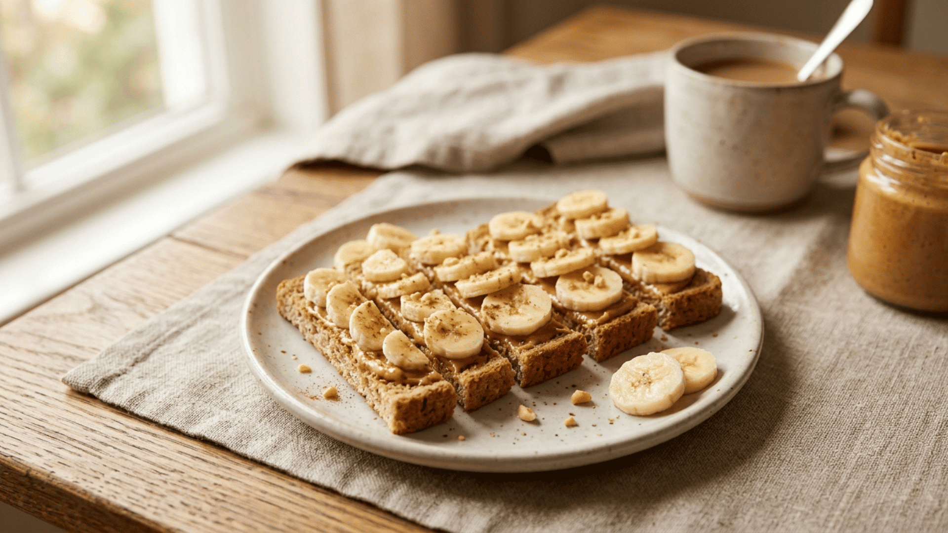 peanut butter banana toast cut into finger shaped strips