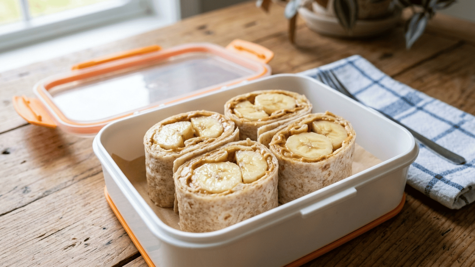 peanut butter banana wrap sliced into pieces packed in an orange lunchbox