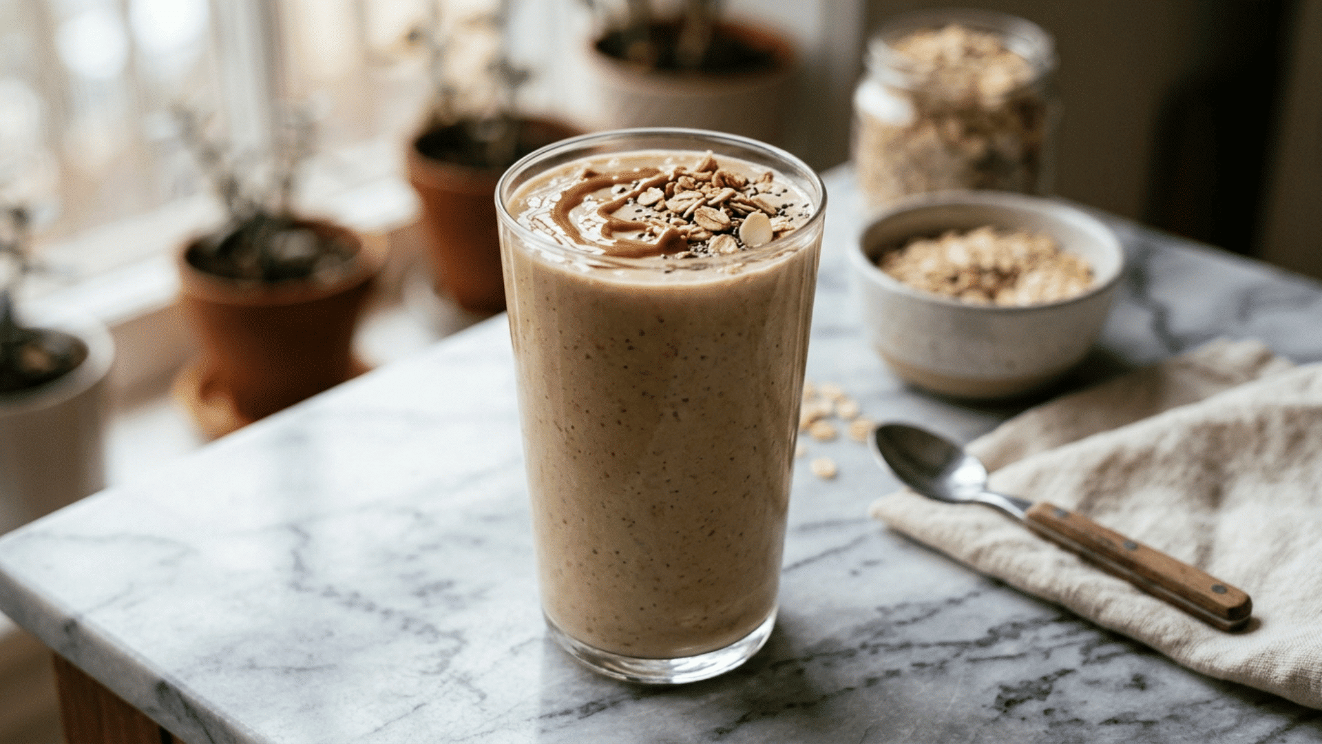 peanut butter oat smoothie in a glass topped with oats