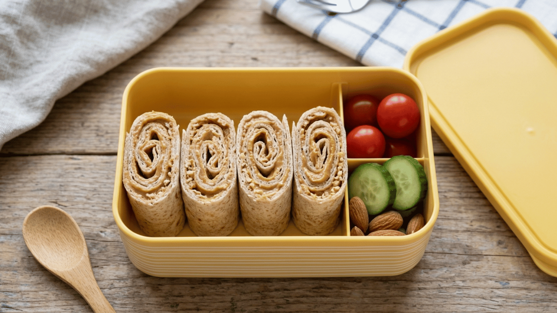 peanut butter tortilla roll-ups packed in a yellow plastic lunchbox