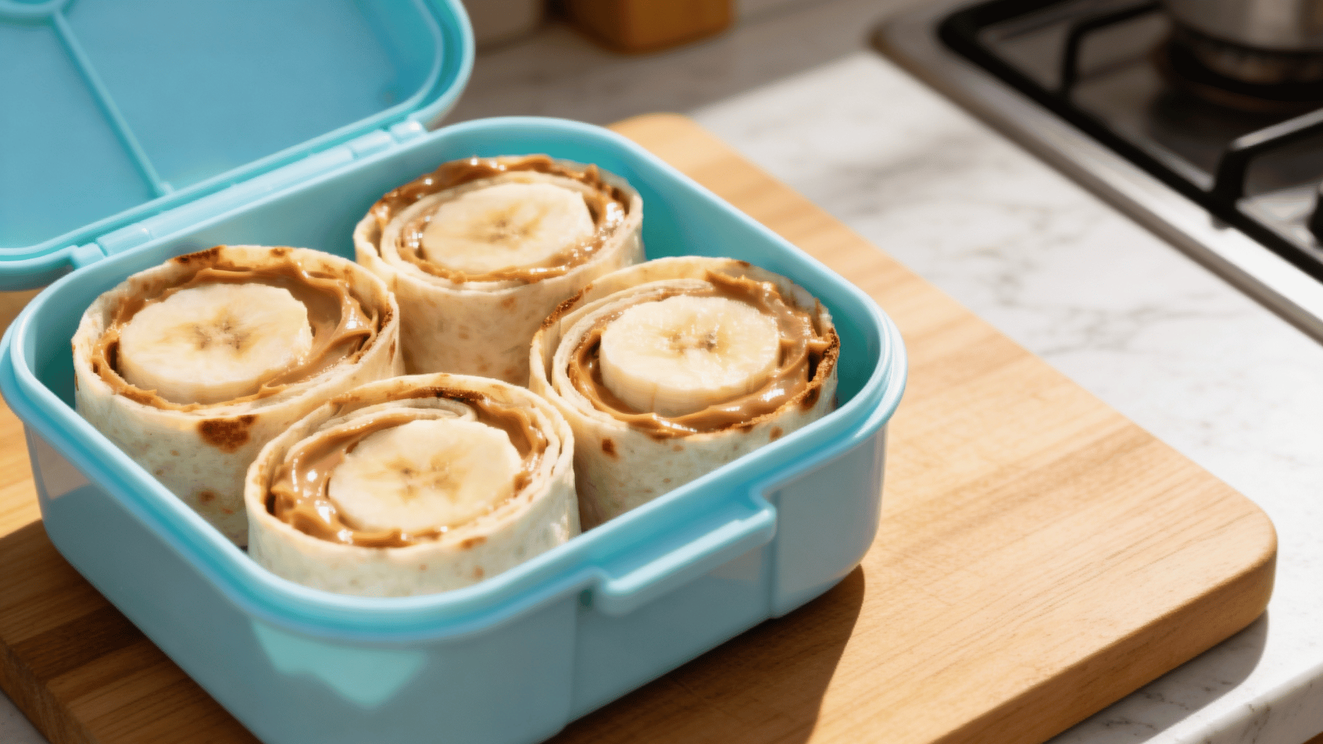 banana and nut-free butter wrap rounds packed in a blue lunchbox