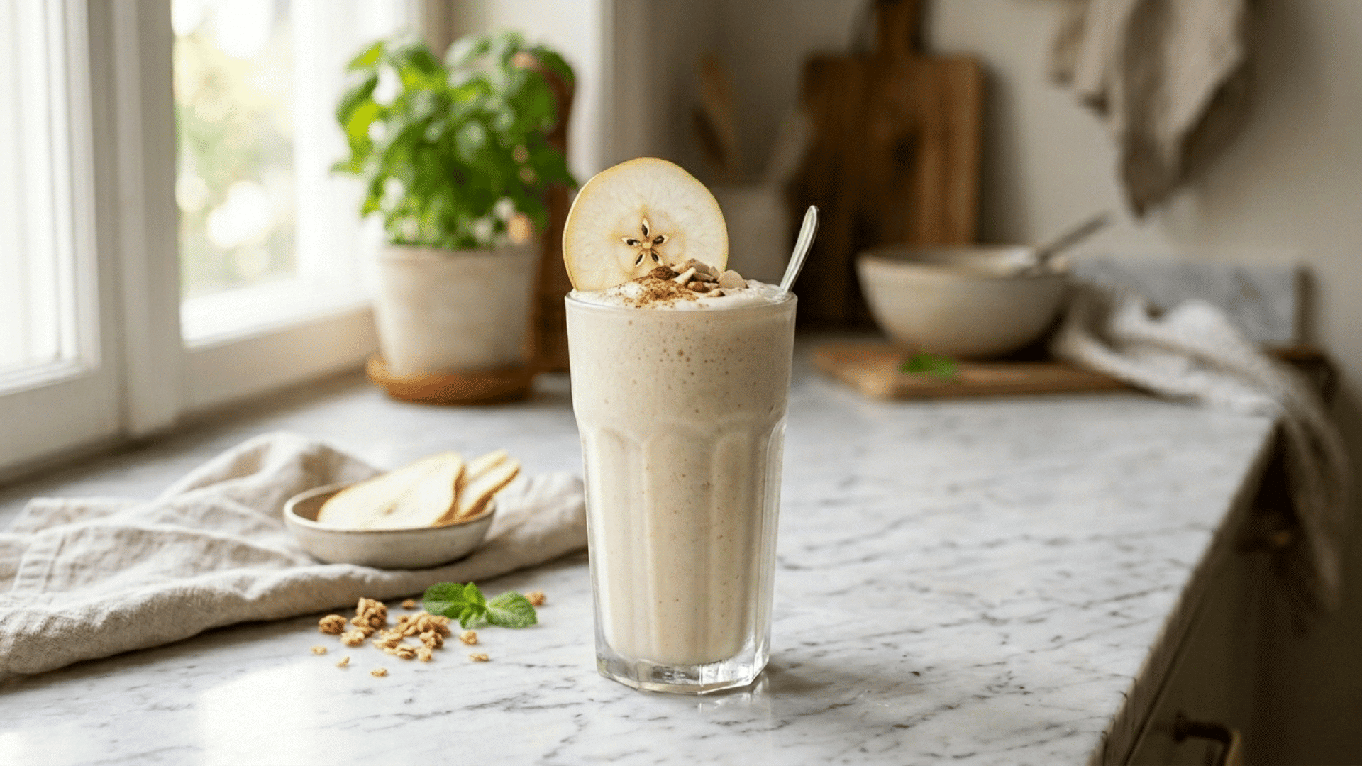 pear ginger smoothie in a glass garnished with fresh pear slice