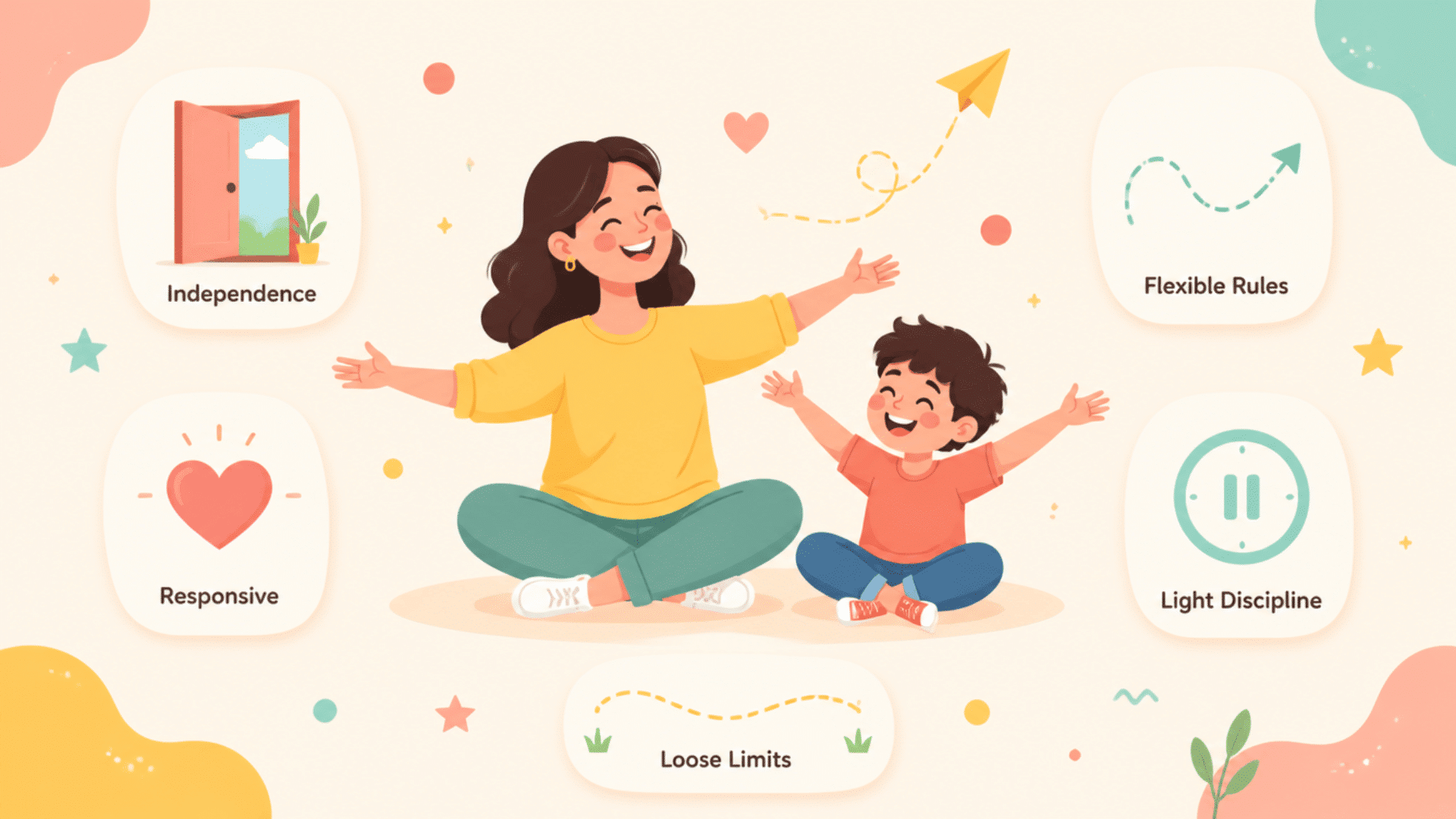 permissive parenting infographic showing flexible rules, loose limits, independence, responsive care, and light discipline approach
