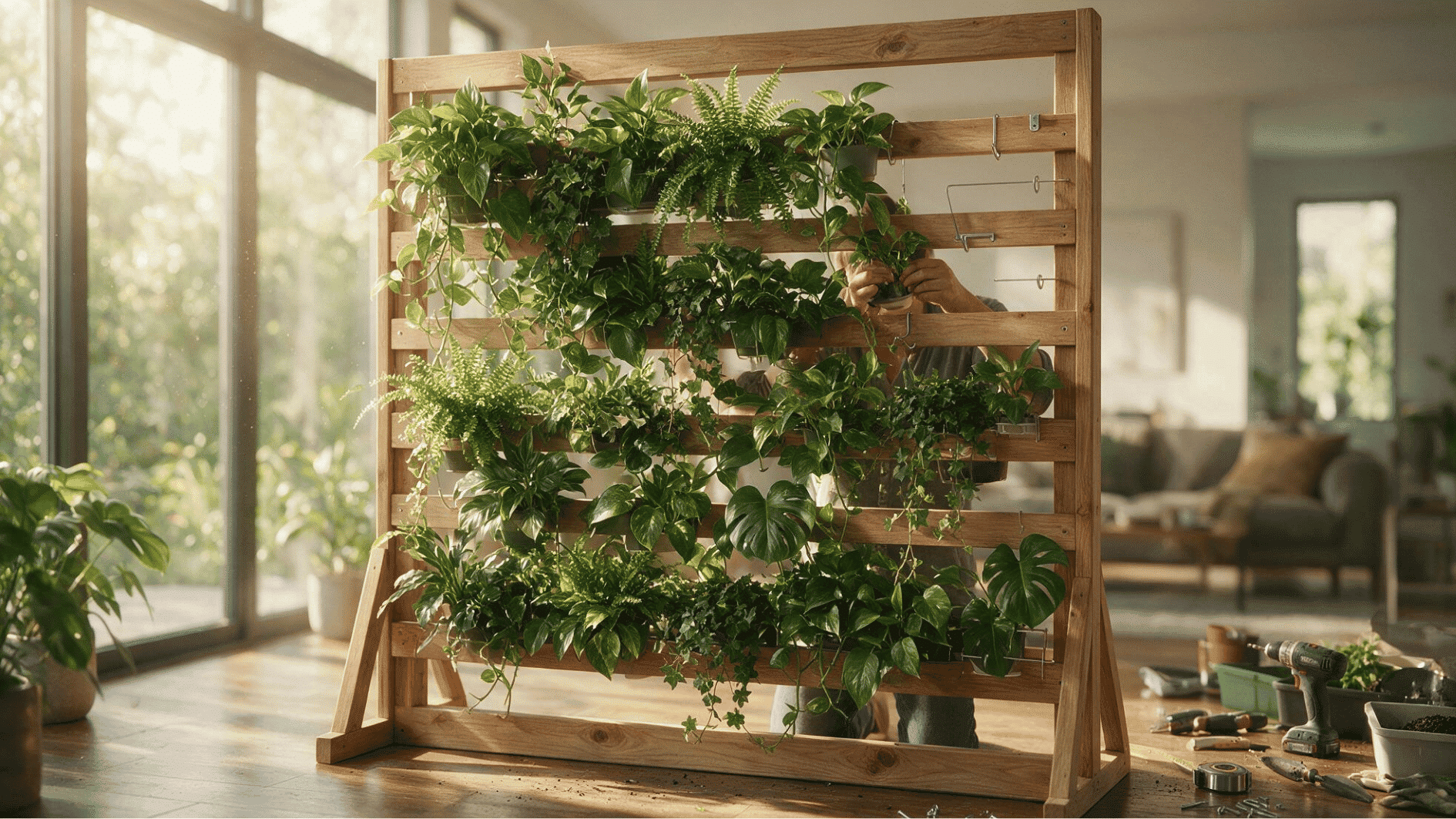 person arranging tall indoor plants on a tiered wooden stand used as a room divider