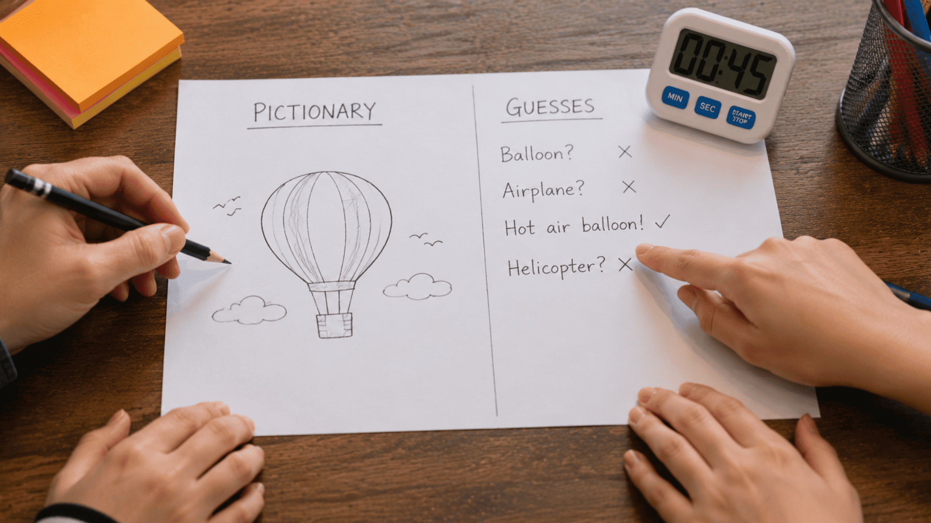 pictionary game on paper with a hot air balloon sketch, list of guesses, and a digital timer