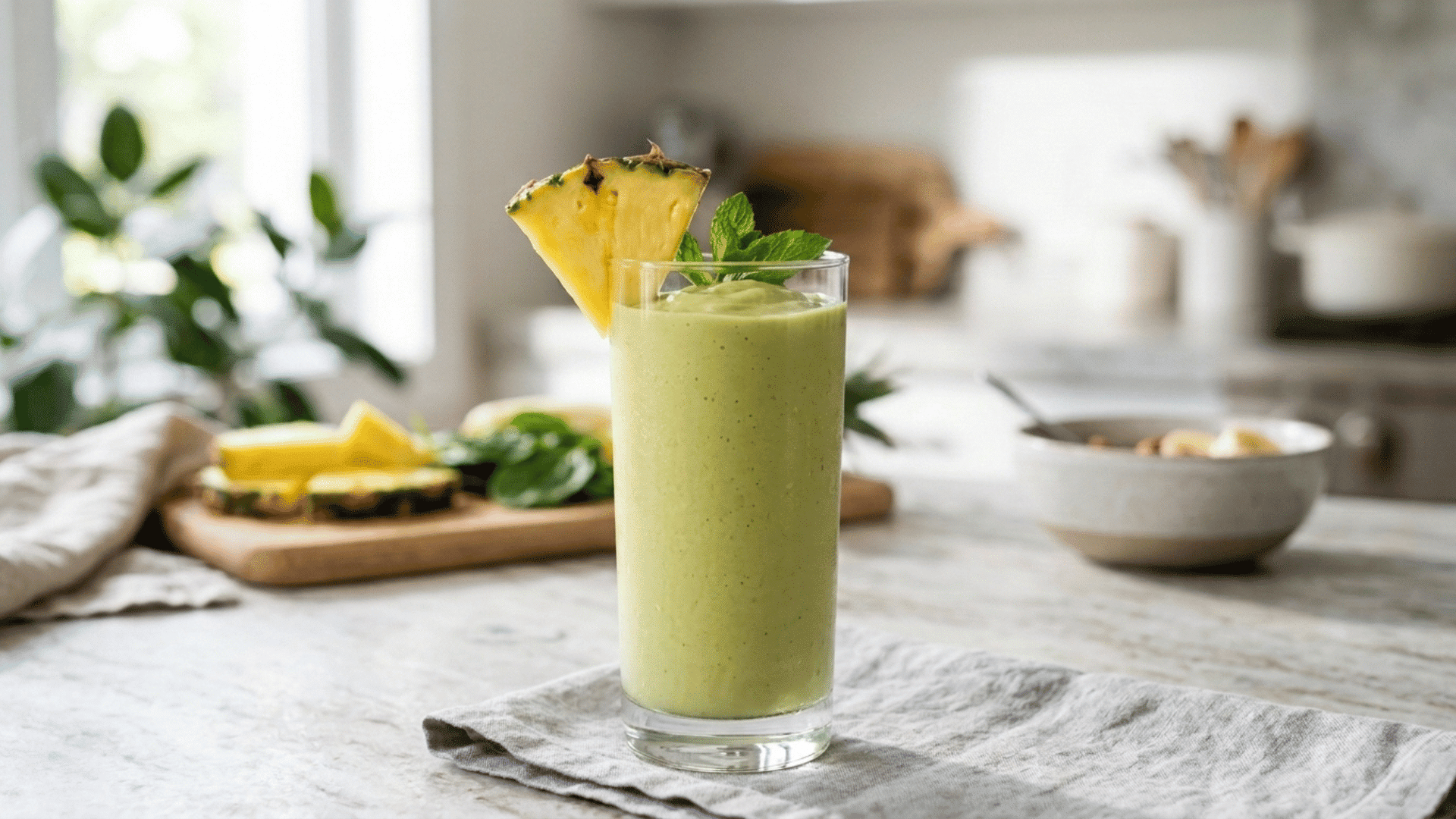pineapple spinach smoothie in a glass topped with pineapple wedge