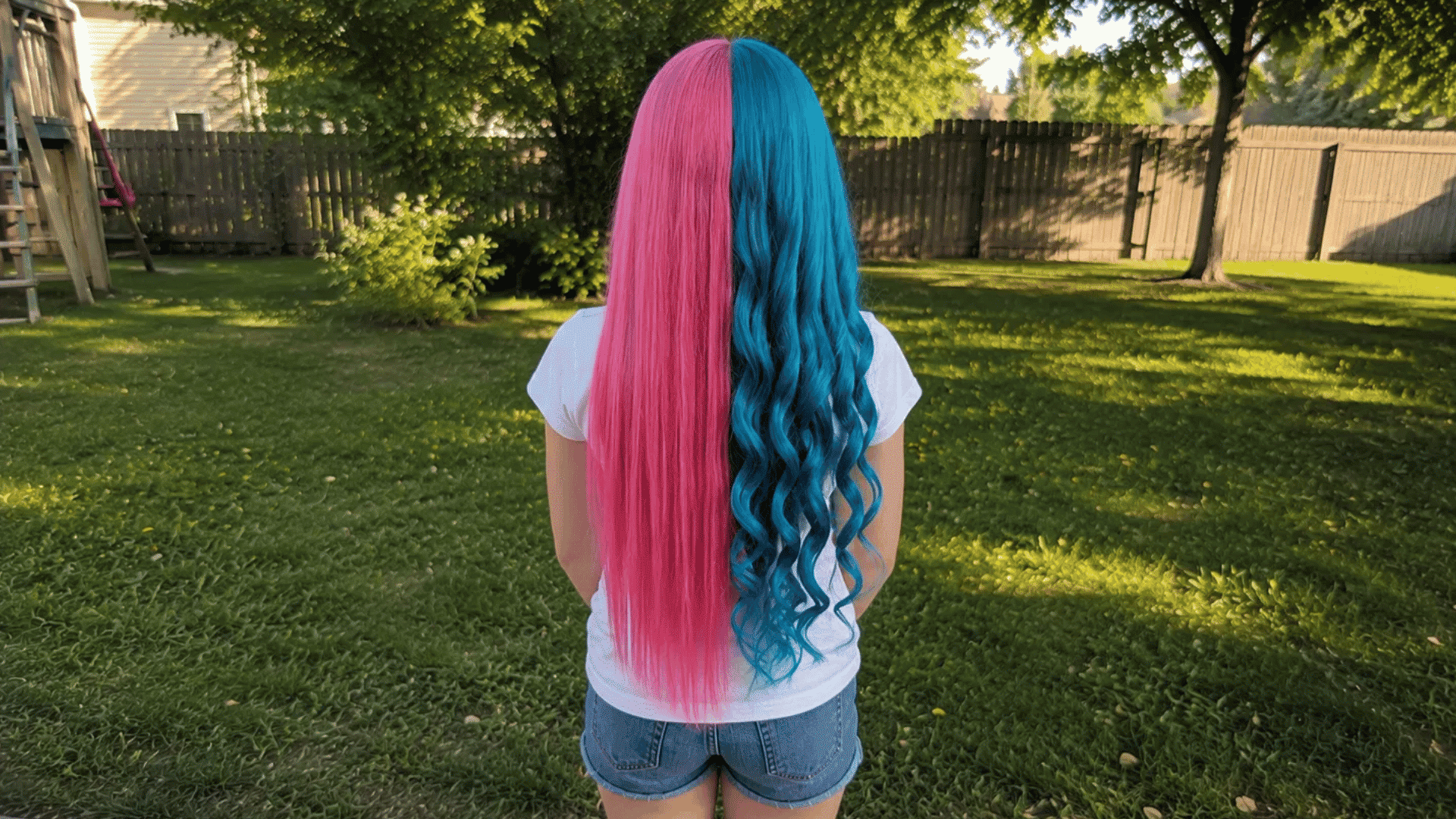 pink and teal hair split down center straight versus curly in backyard
