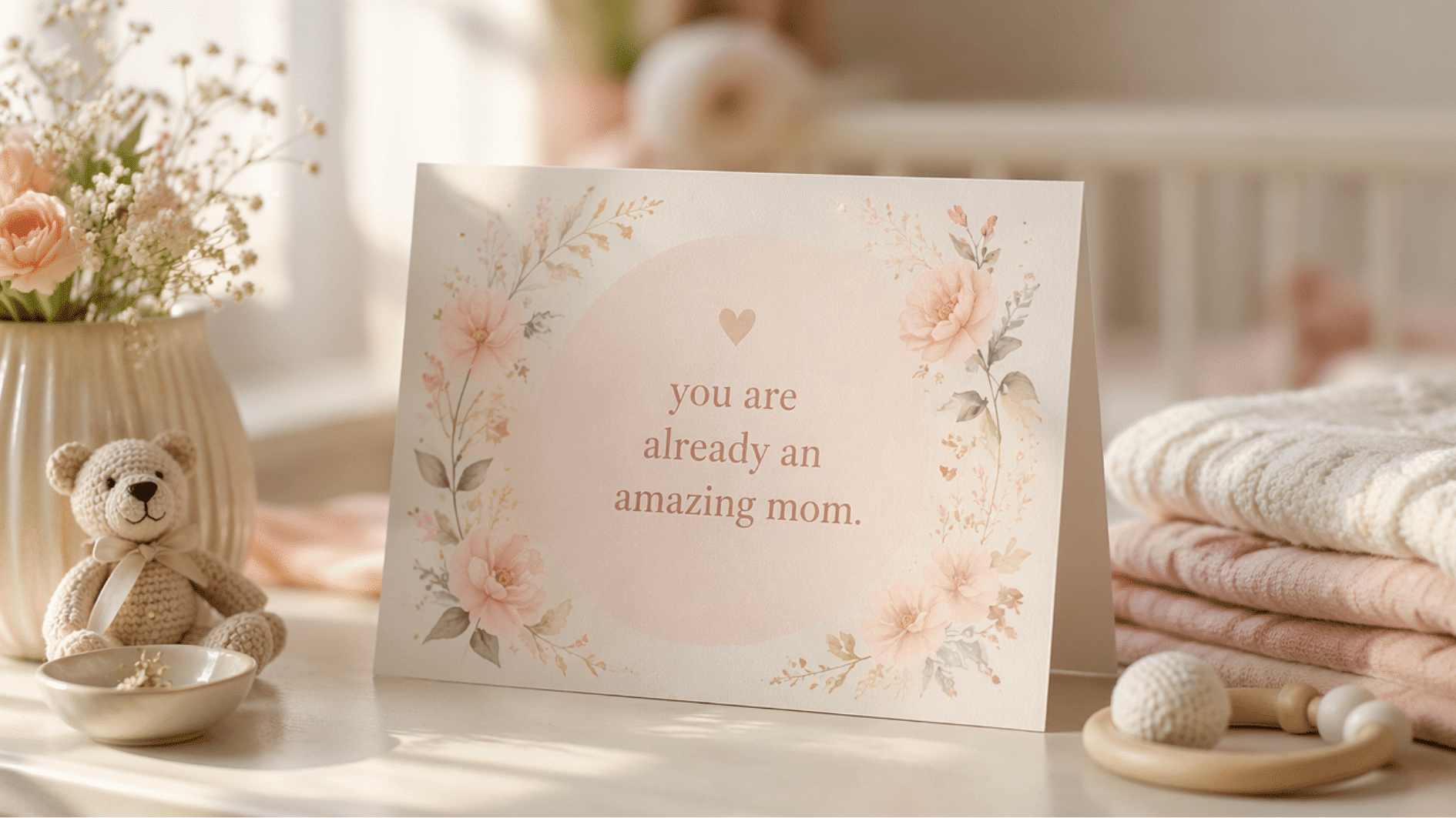 pink floral card reading you are already an amazing mom, beside a teddy bear and pink blankets