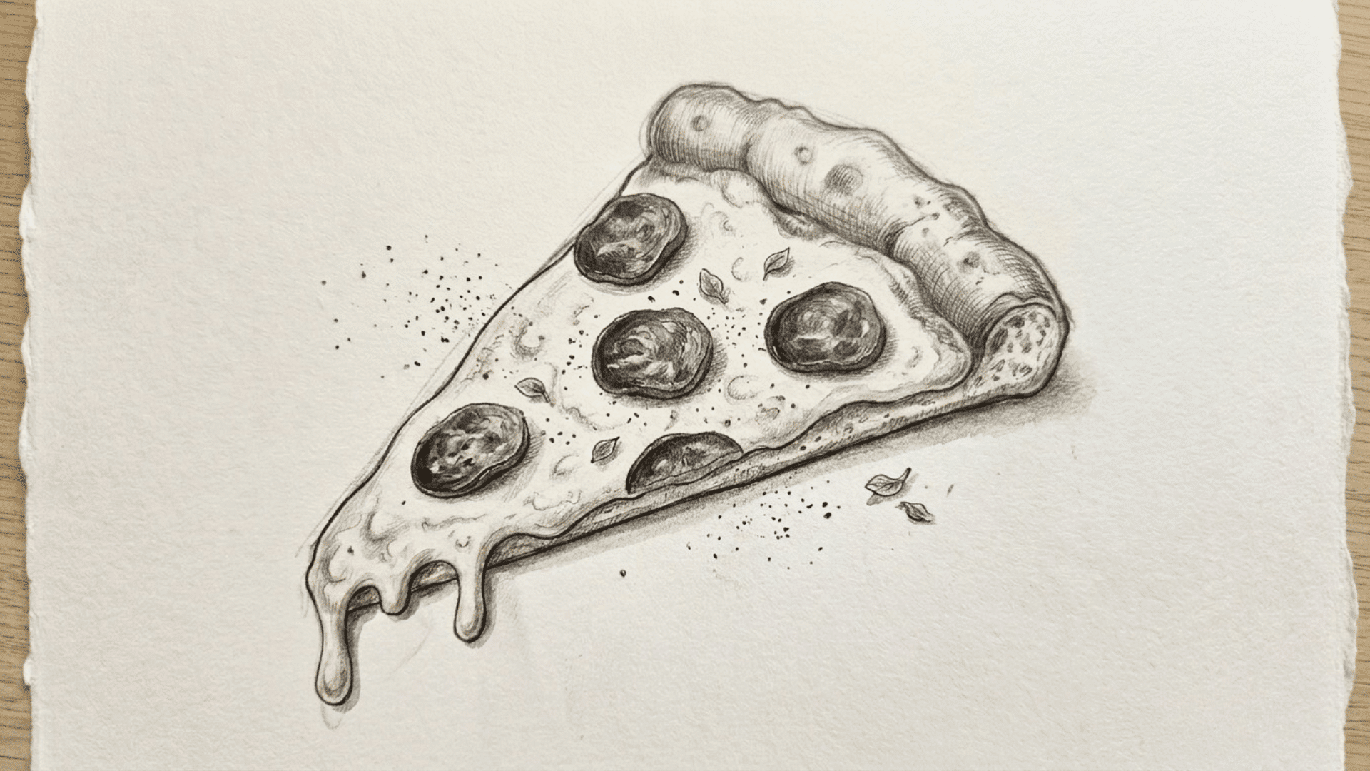 simple pencil sketch of a pizza slice with a curved crust, pepperoni toppings, and melted cheese drips at the tip