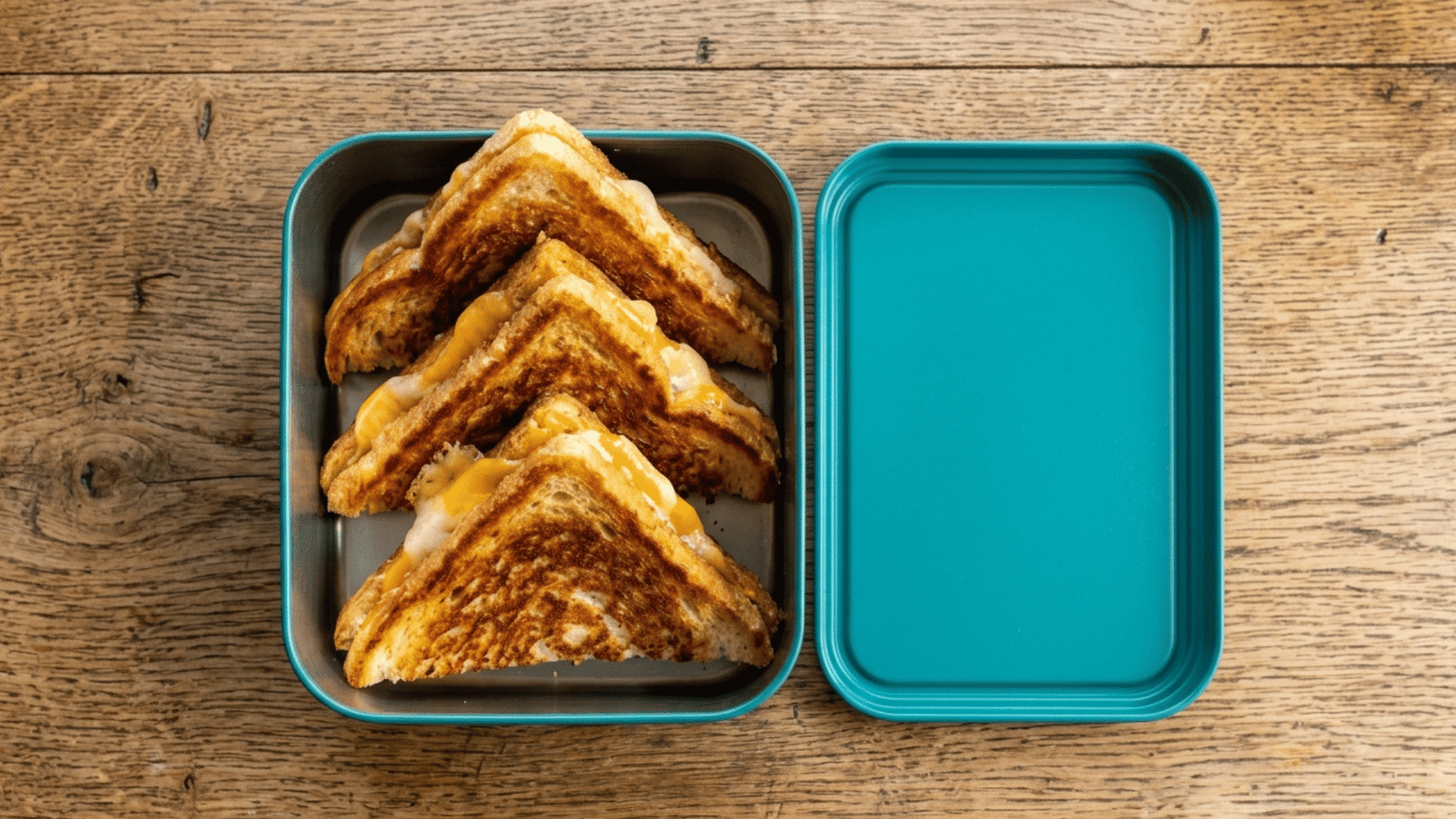 grilled cheese triangles packed in a teal steel lunchbox