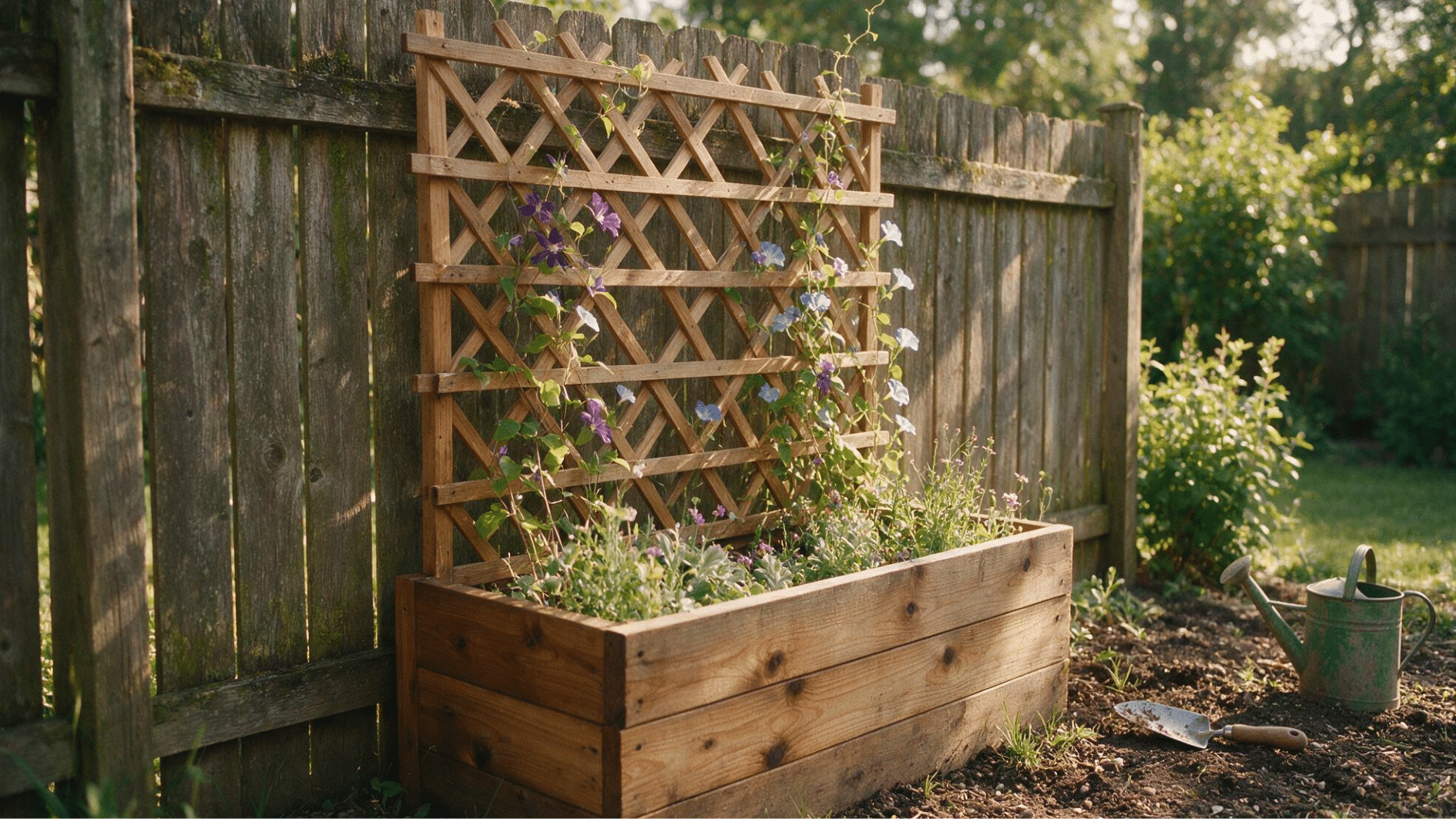 wooden planter box with trellis covered in climbing green vines
