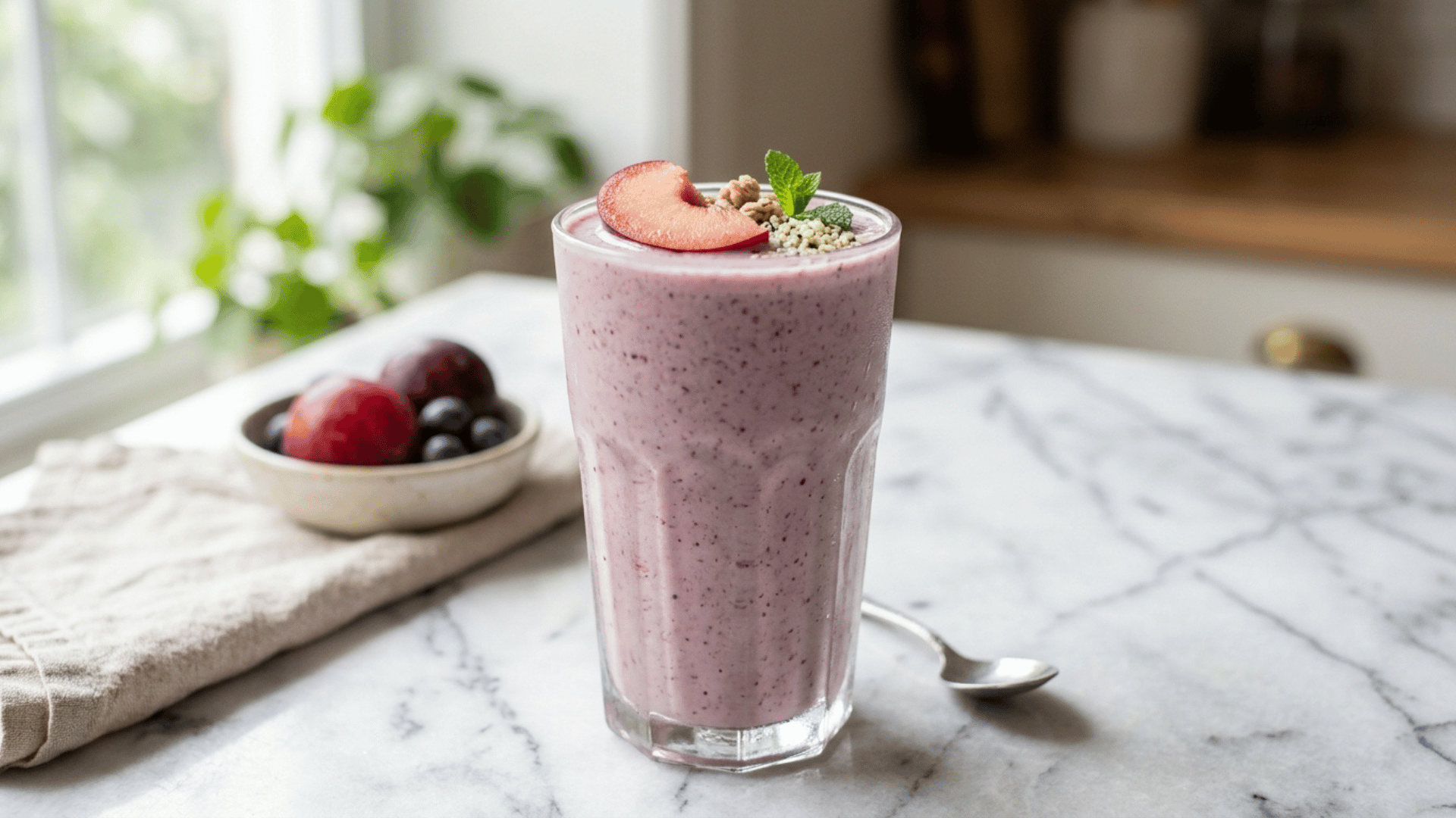 plum vanilla smoothie in a glass garnished with plum slice