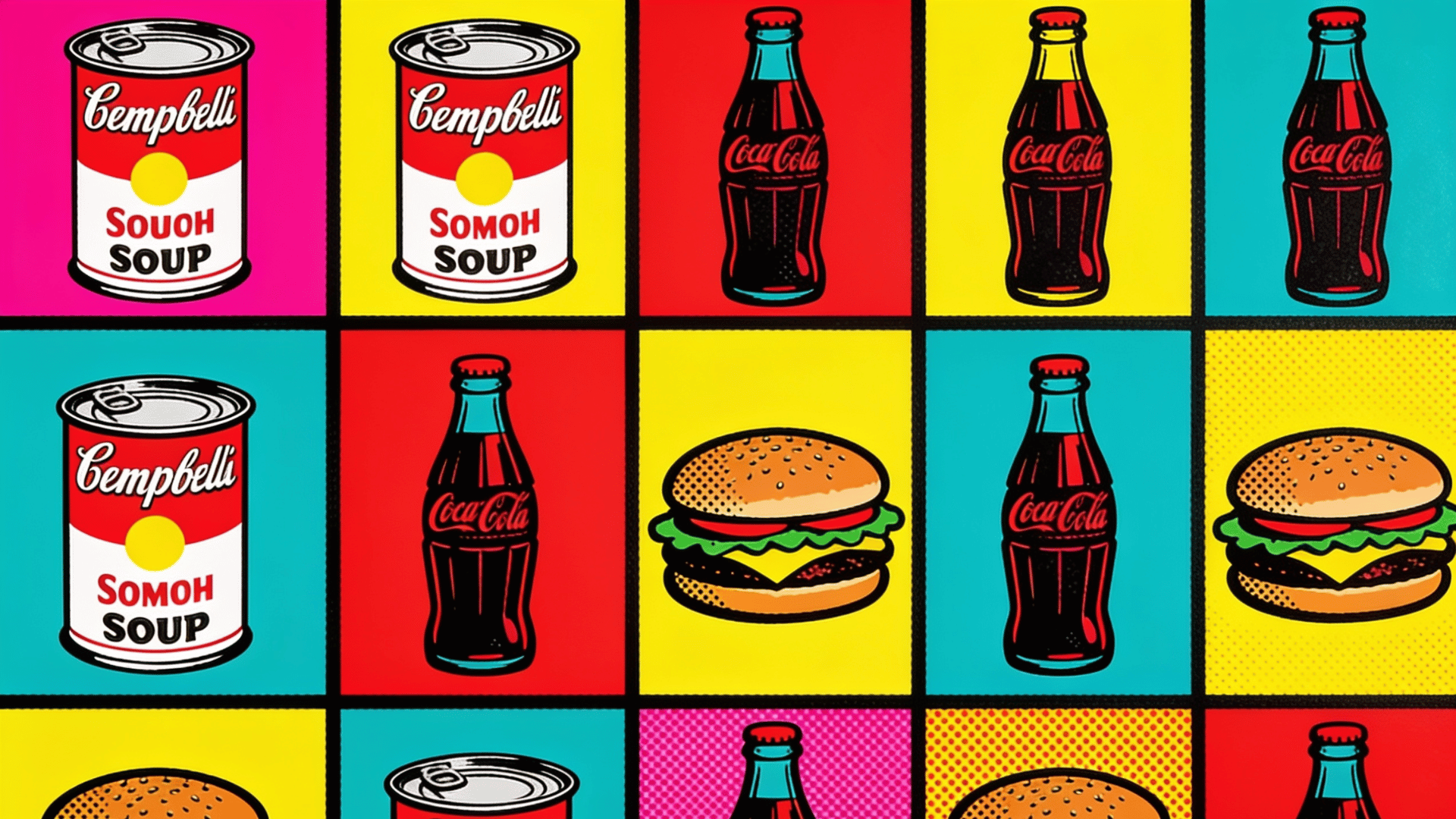 pop art style grid of campbell soup cans coca cola bottles and burger icons in bold colorful panels inspired by warhol