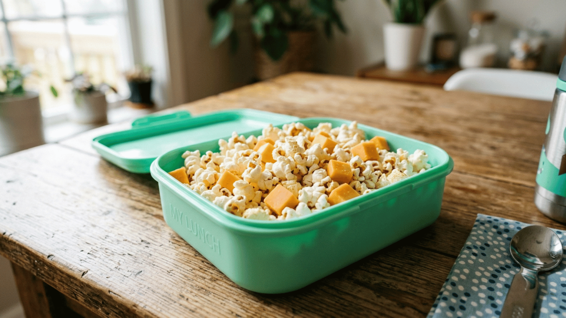 popcorn and cheese cube mix packed in a mint green kids lunchbox
