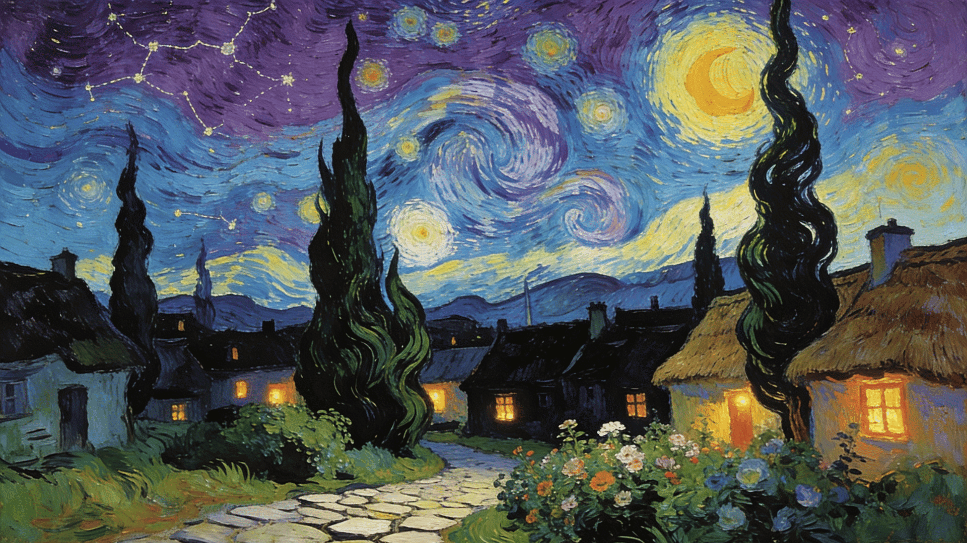 post impressionism style night landscape with swirling starry sky moon cypress trees village houses glowing windows cobblestone