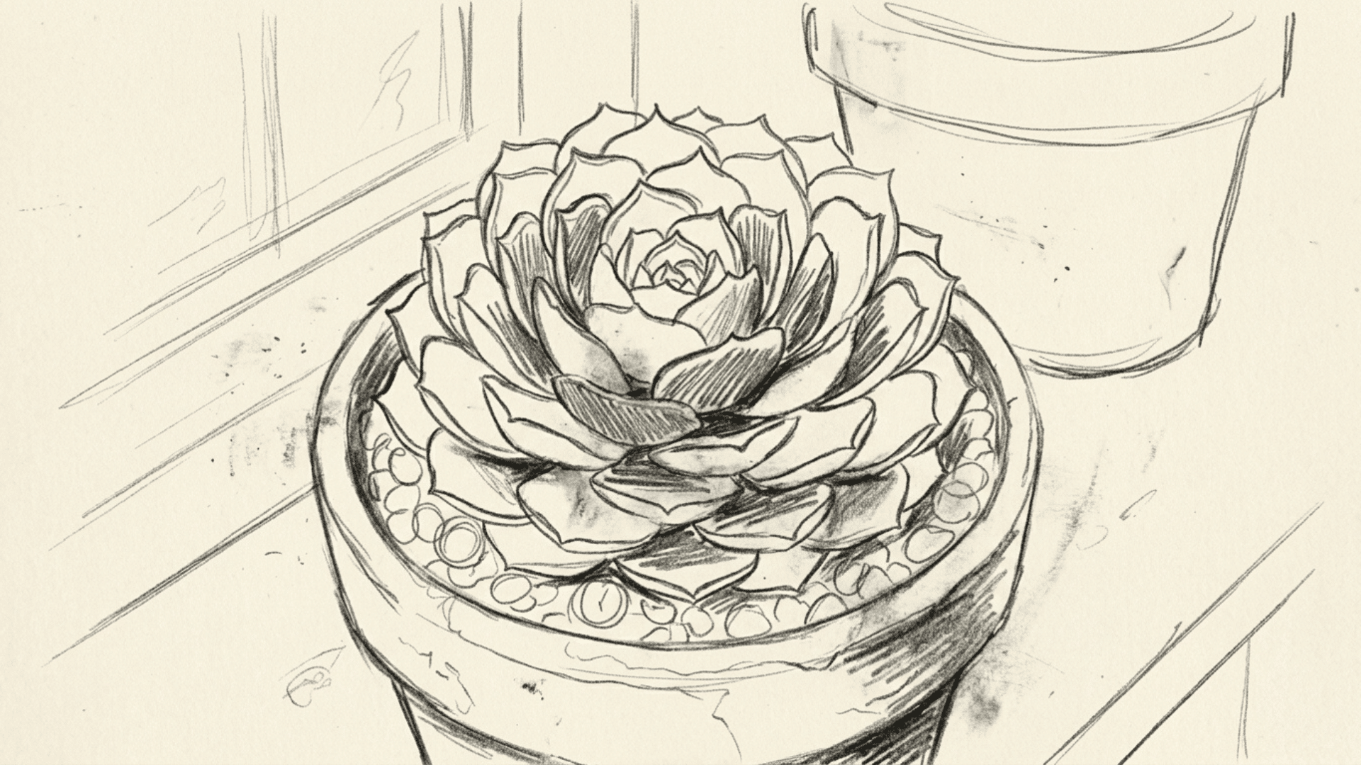 pencil sketch of a small succulent in a pot with thick, layered pointed leaves