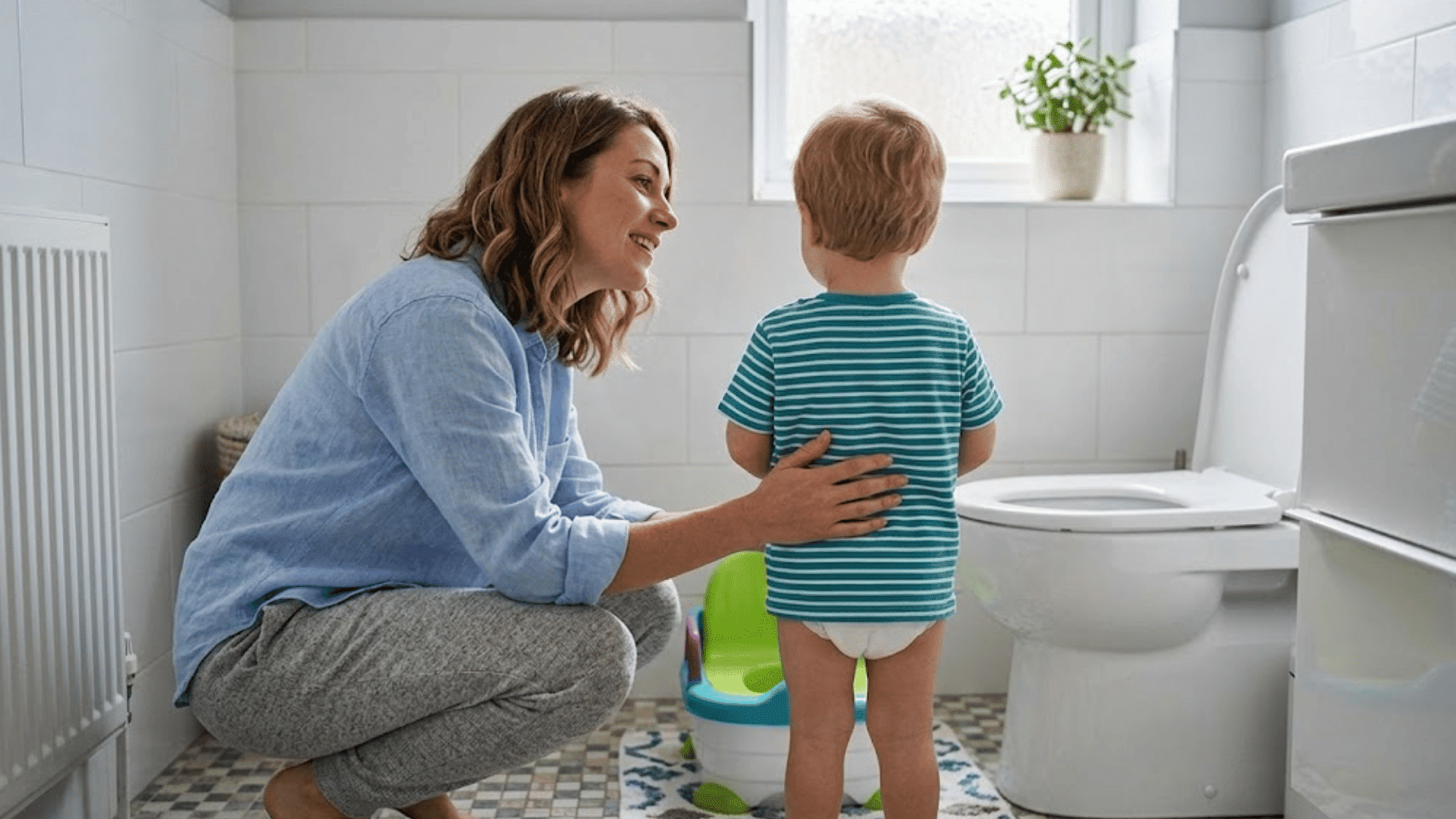 mother encouraging toddler boy during potty training beside a toilet in a bright home bathroom with potty seat